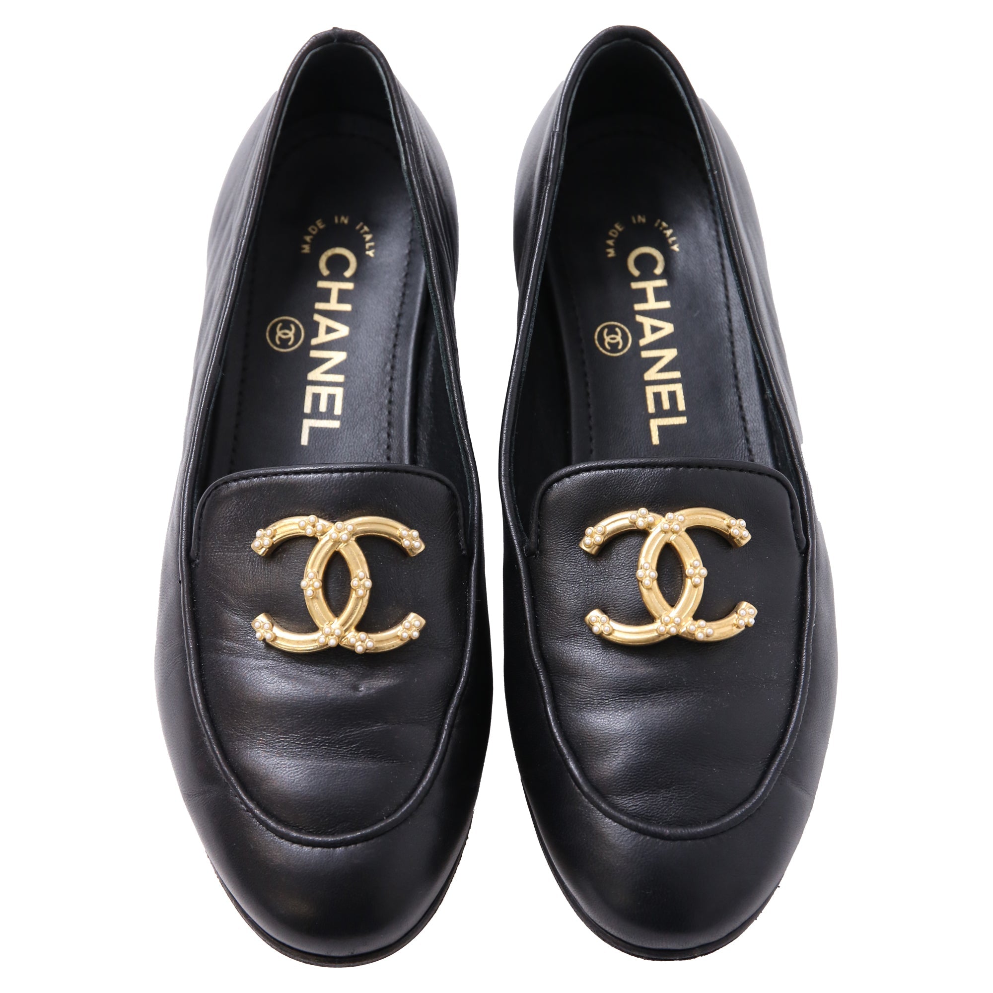 Women's Chanel Pearl CC Loafers in Black Lambskin Leather