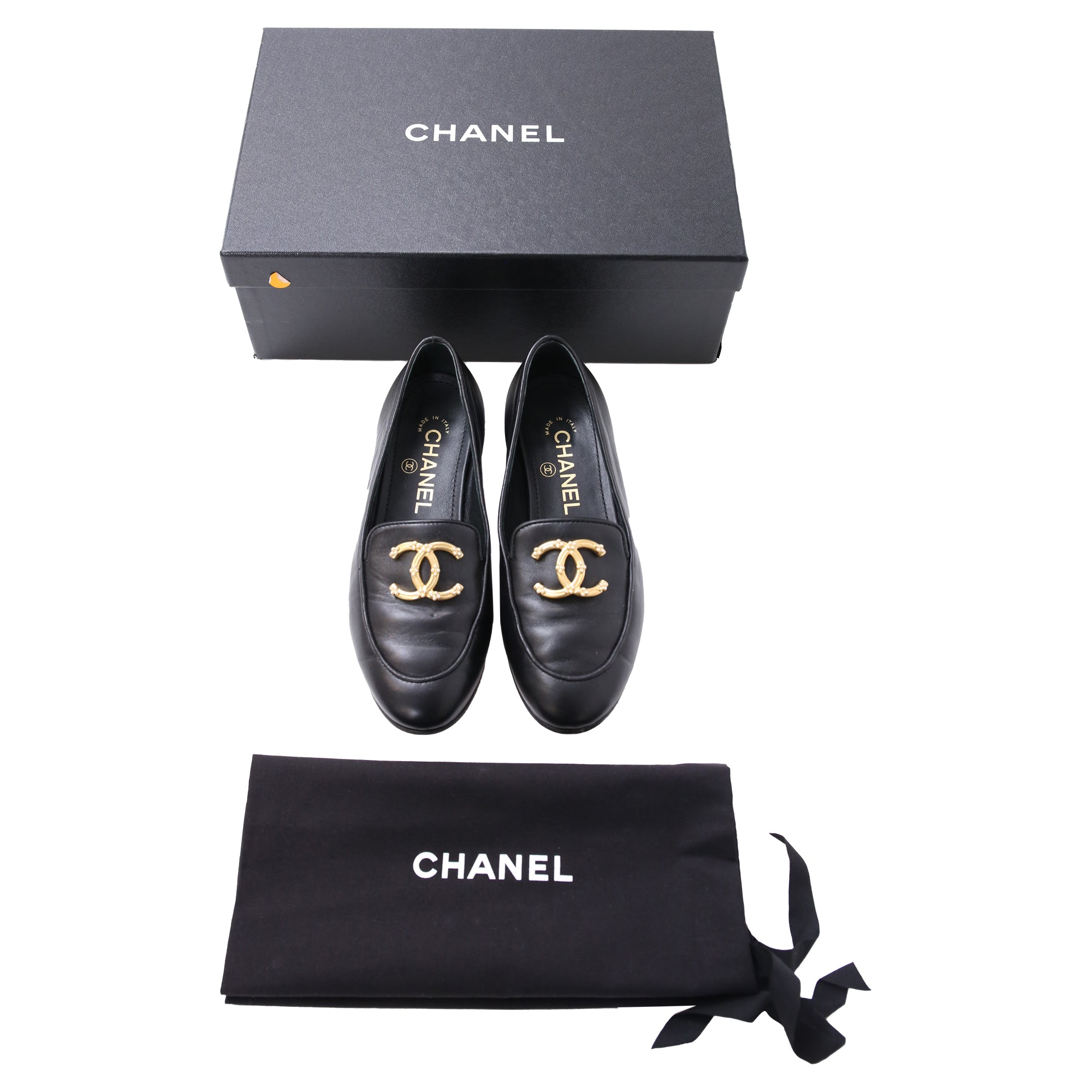 Women's Chanel Pearl CC Loafers in Black Lambskin Leather