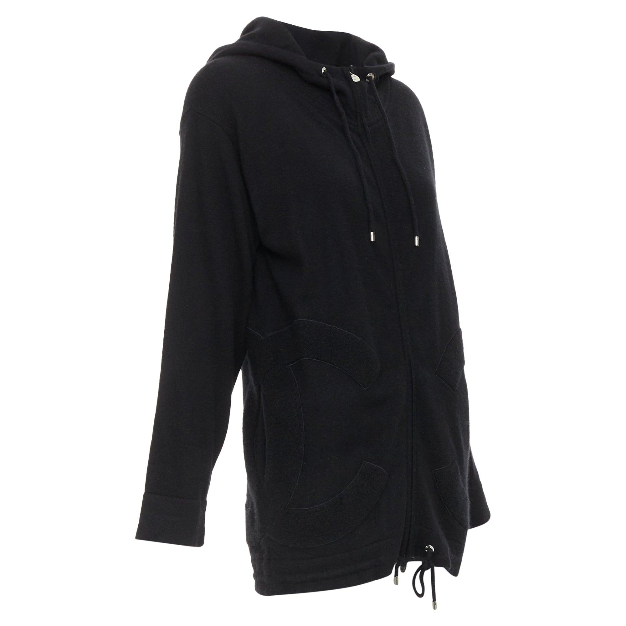 Women's Chanel 2015 Karl Lagerfeld 100% cashmere black double CC pockets hoodie