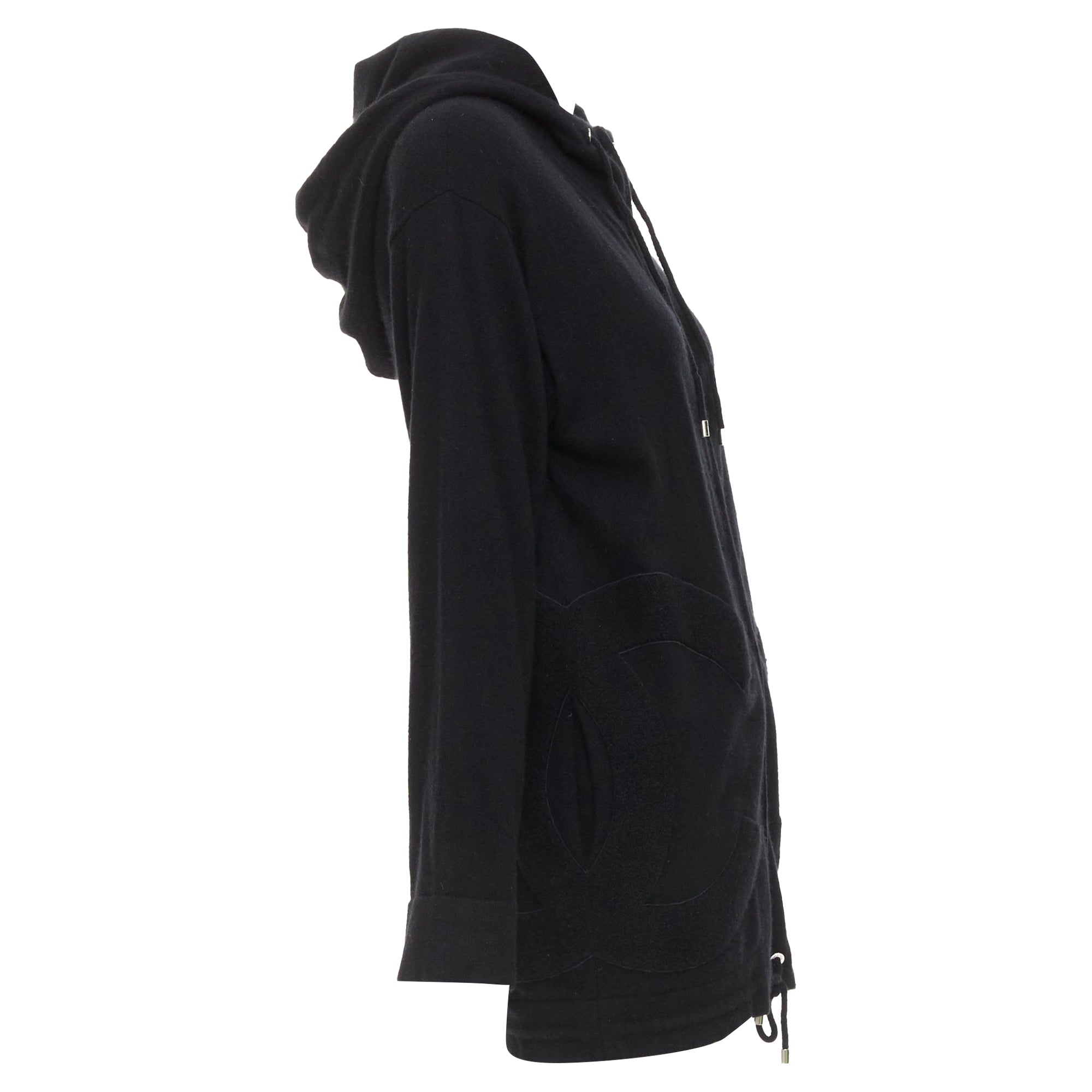 Women's Chanel 2015 Karl Lagerfeld 100% cashmere black double CC pockets hoodie