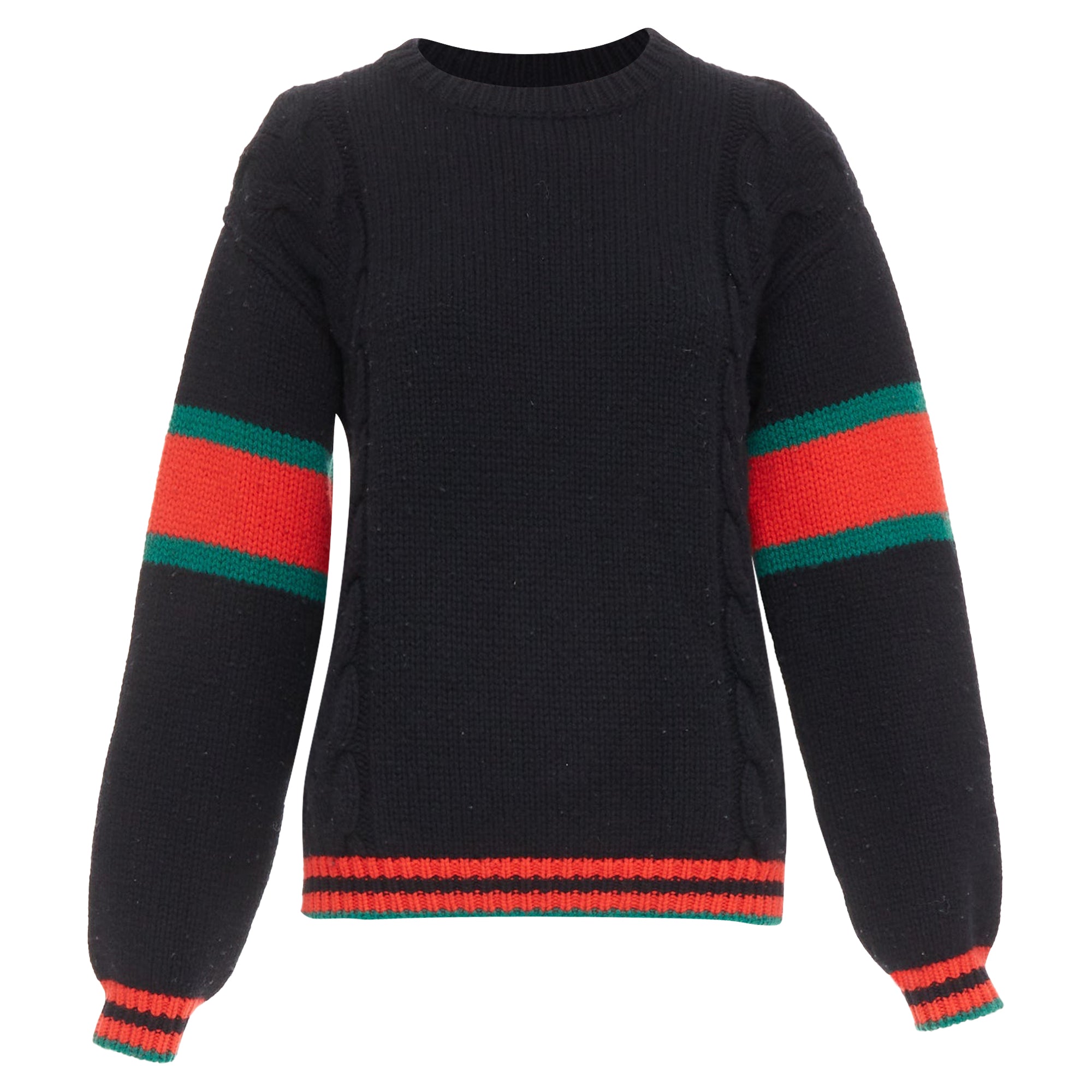 Women's Gucci 2021 black wool red green trim cable braid crew neck sweater