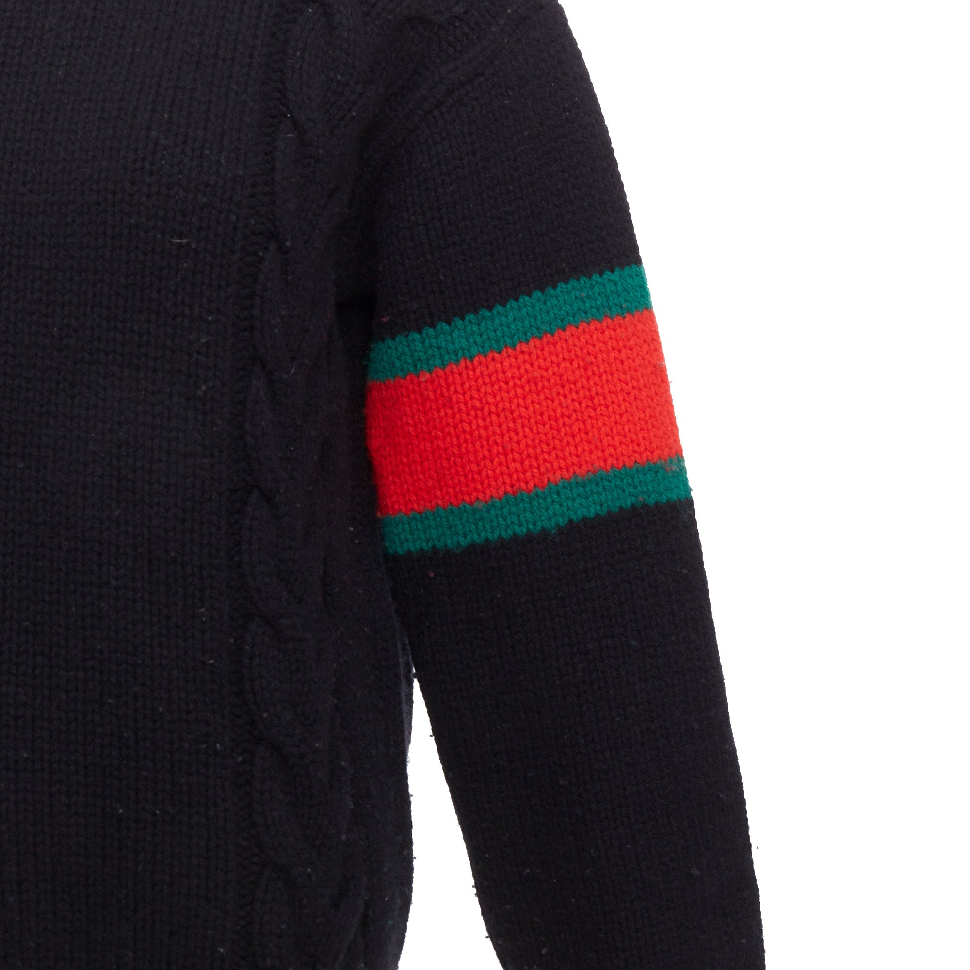 Women's Gucci 2021 black wool red green trim cable braid crew neck sweater