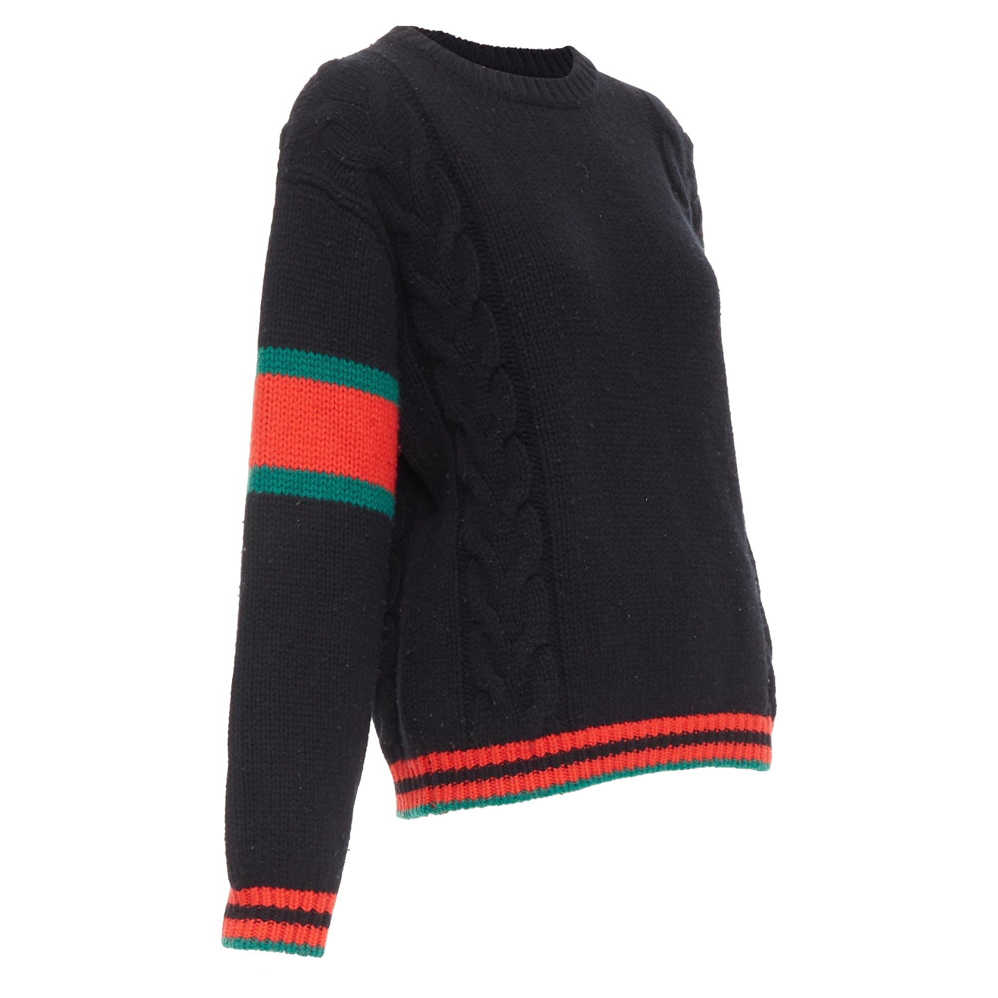 Women's Gucci 2021 black wool red green trim cable braid crew neck sweater