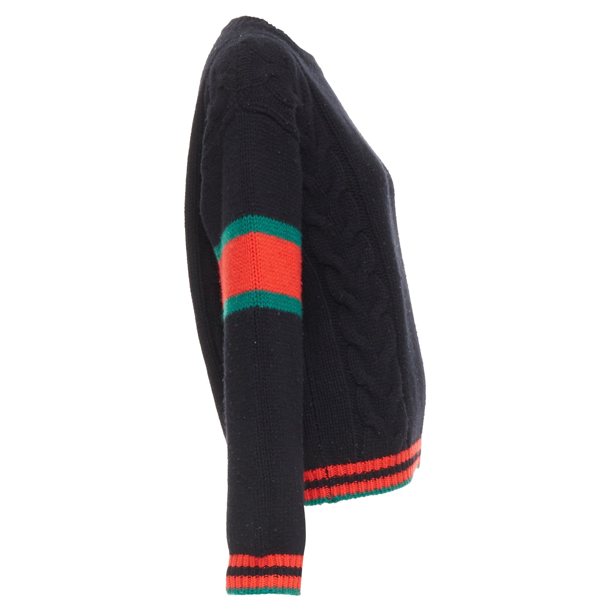 Women's Gucci 2021 black wool red green trim cable braid crew neck sweater