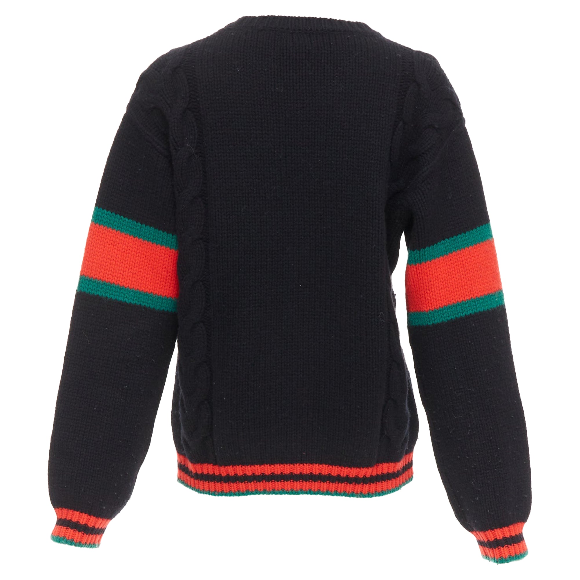 Women's Gucci 2021 black wool red green trim cable braid crew neck sweater