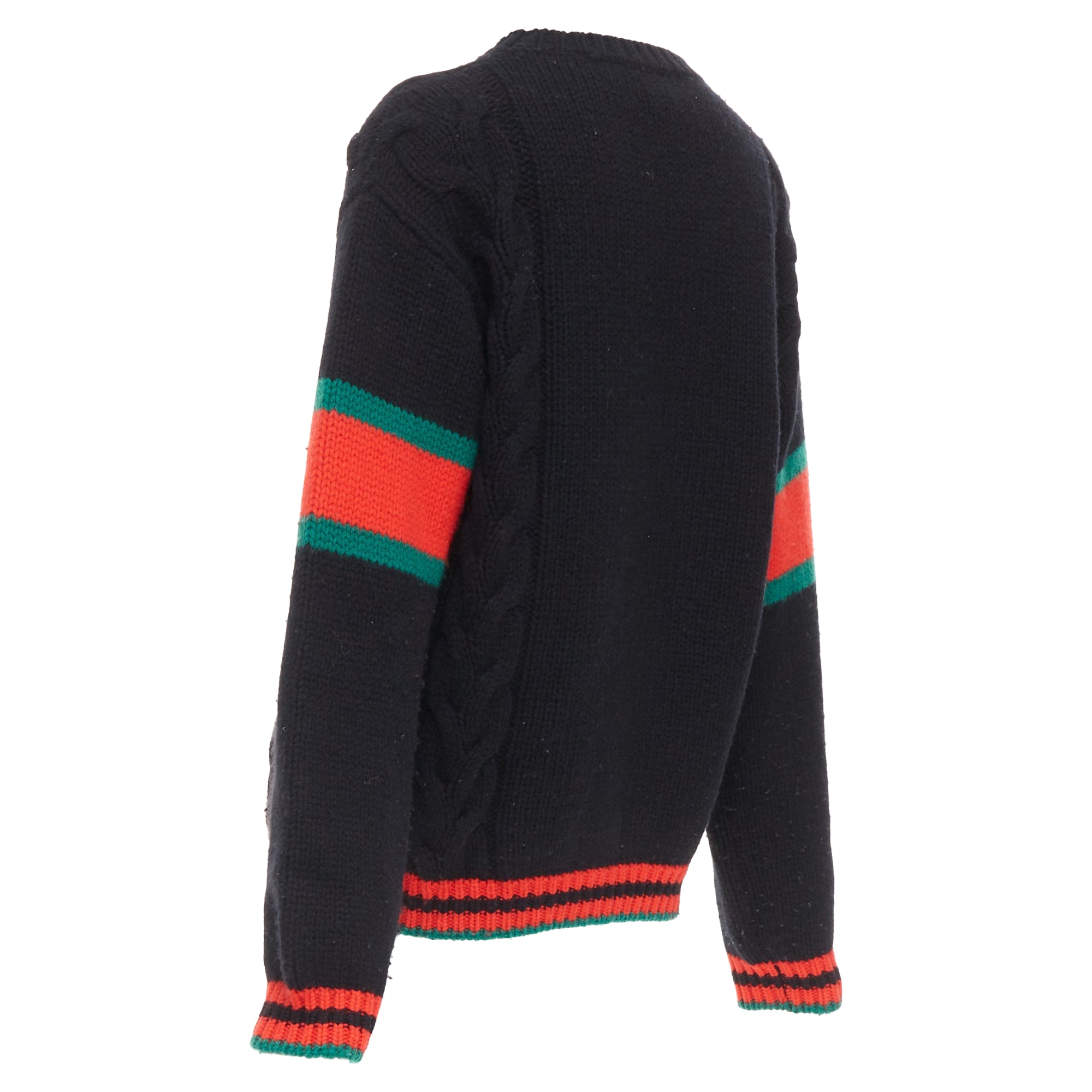 Women's Gucci 2021 black wool red green trim cable braid crew neck sweater