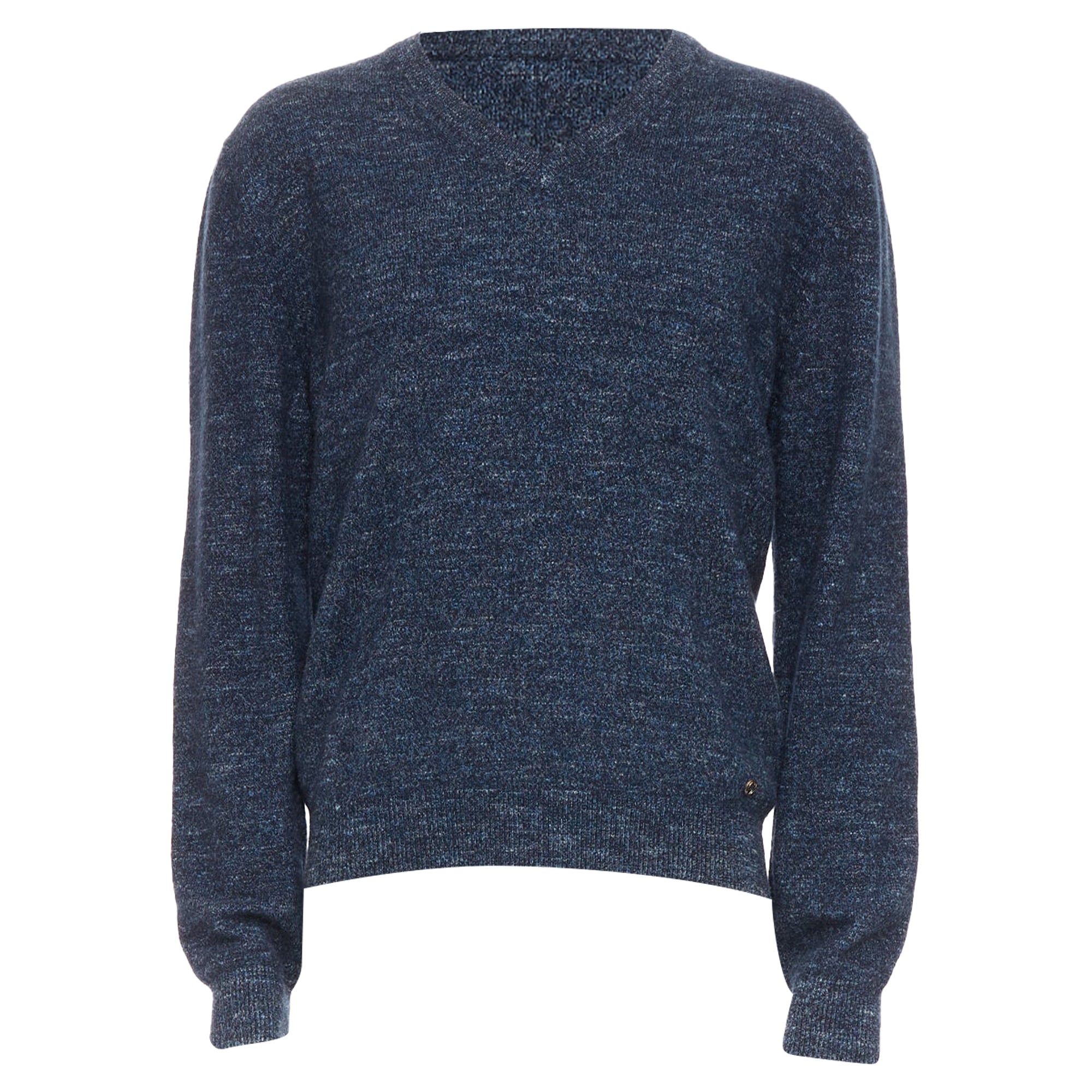 Men's Gucci navy wool silk cashmere melange V neck GG logo charm sweater