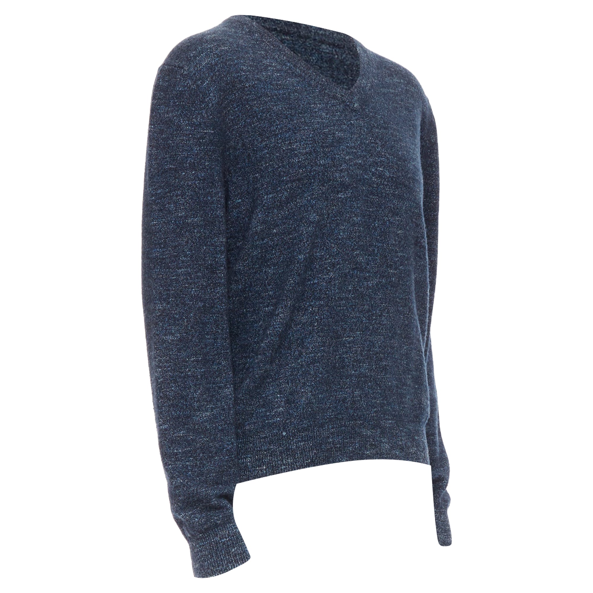 Men's Gucci navy wool silk cashmere melange V neck GG logo charm sweater