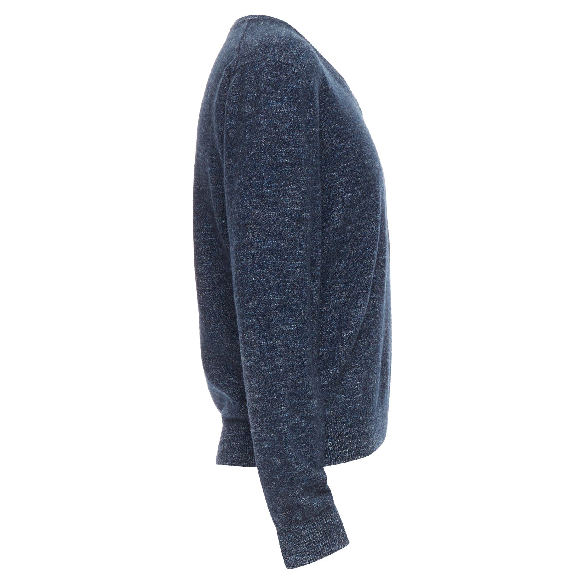 Men's Gucci navy wool silk cashmere melange V neck GG logo charm sweater