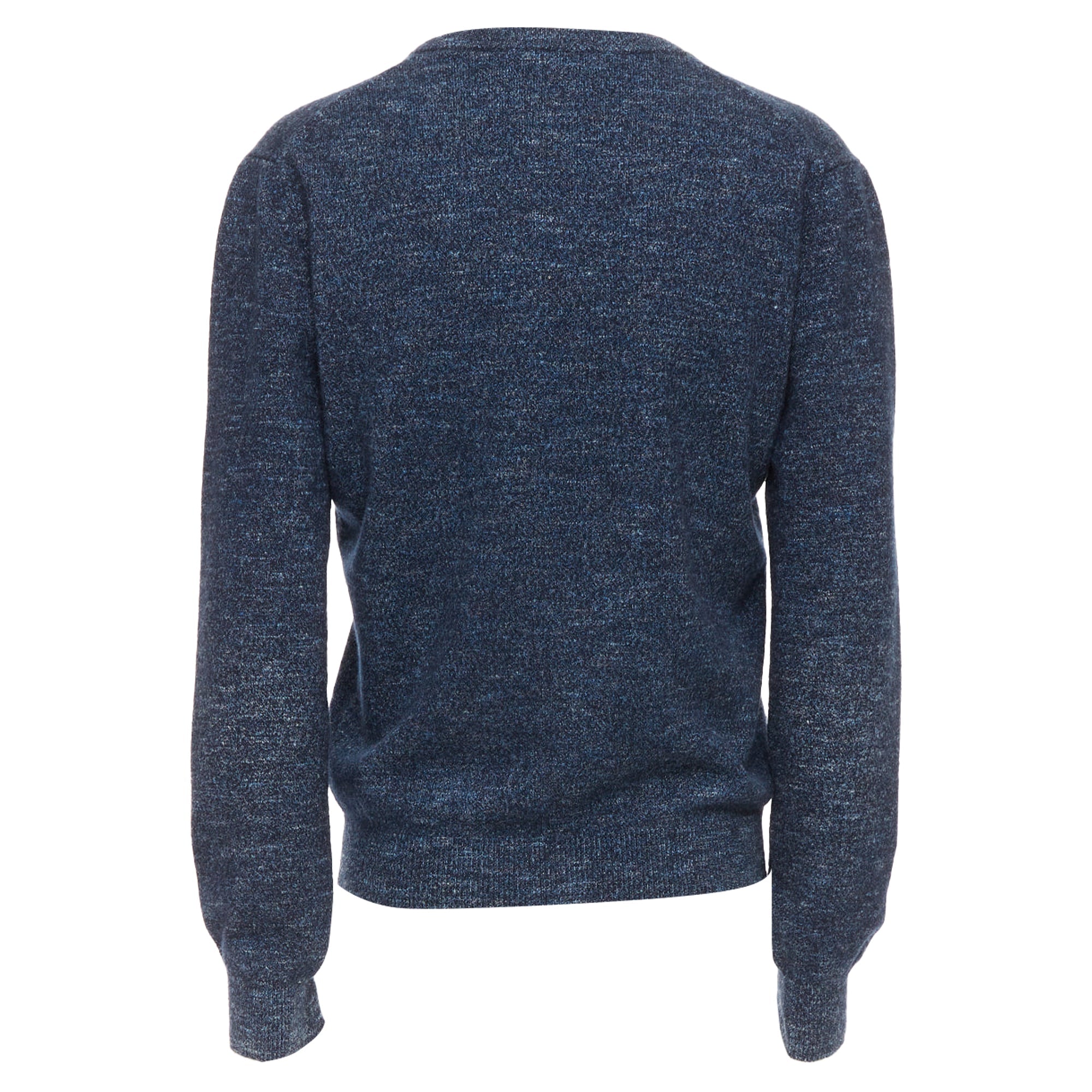 Men's Gucci navy wool silk cashmere melange V neck GG logo charm sweater