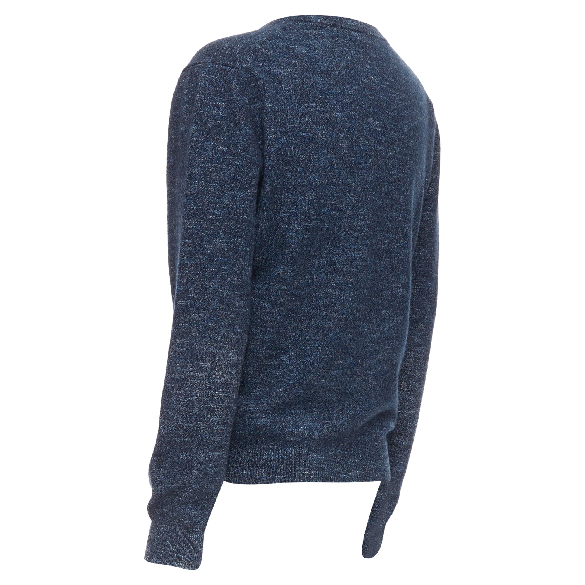 Men's Gucci navy wool silk cashmere melange V neck GG logo charm sweater