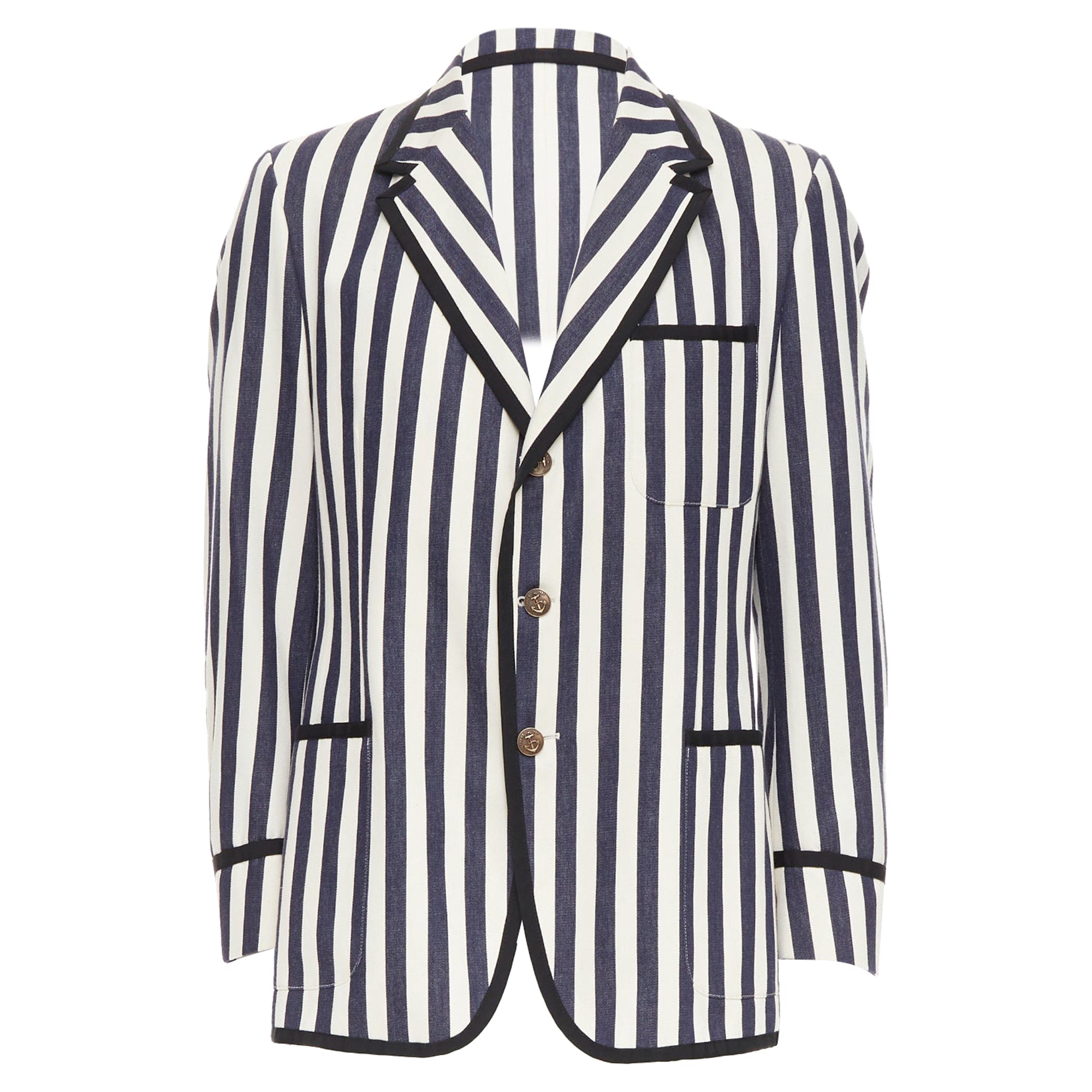Men's Gucci navy cream cotton anchor buttons striped nautical blazer