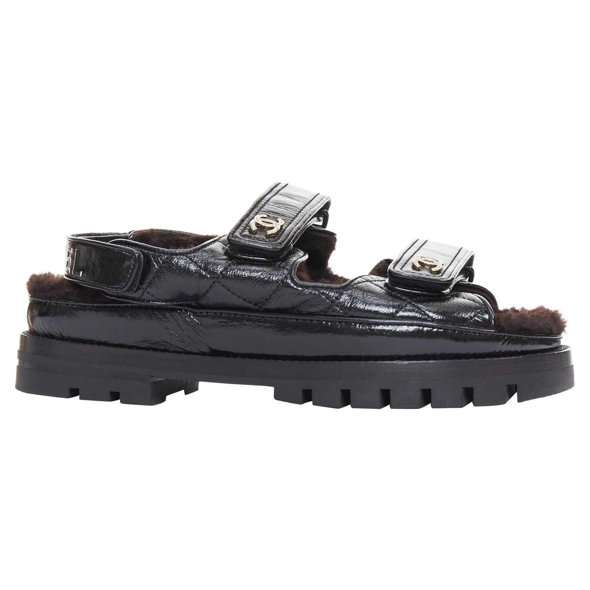 Women's Chanel Laminated Shearling Crystal CC Dad Sandals
