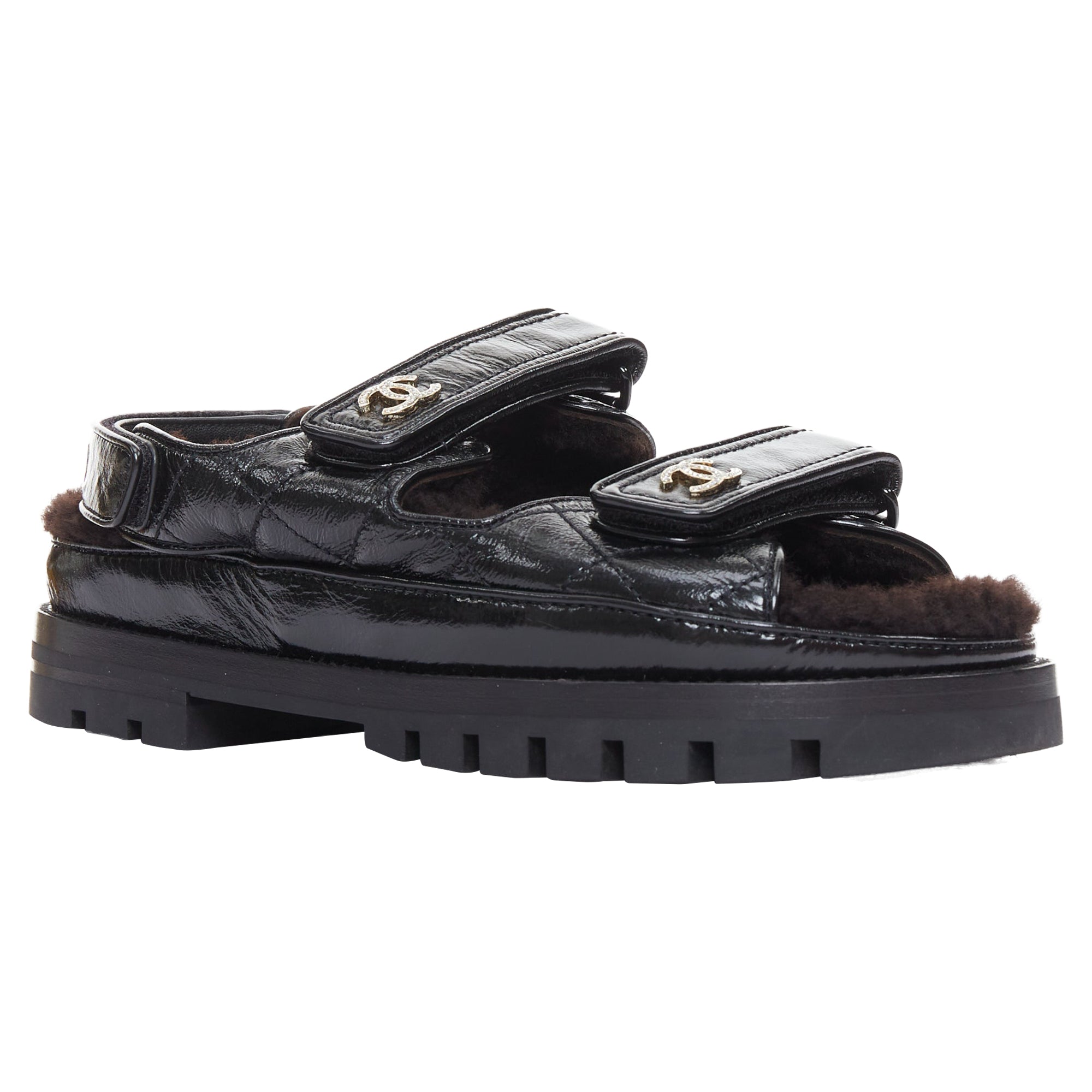 Women's Chanel Laminated Shearling Crystal CC Dad Sandals