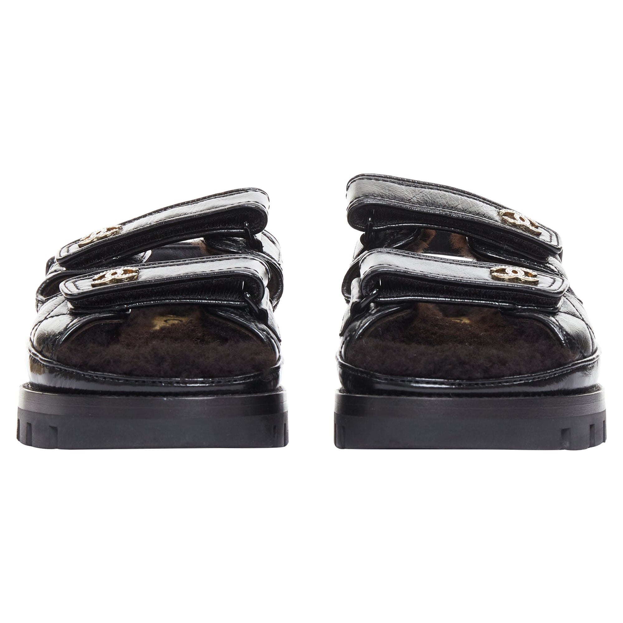 Women's Chanel Laminated Shearling Crystal CC Dad Sandals