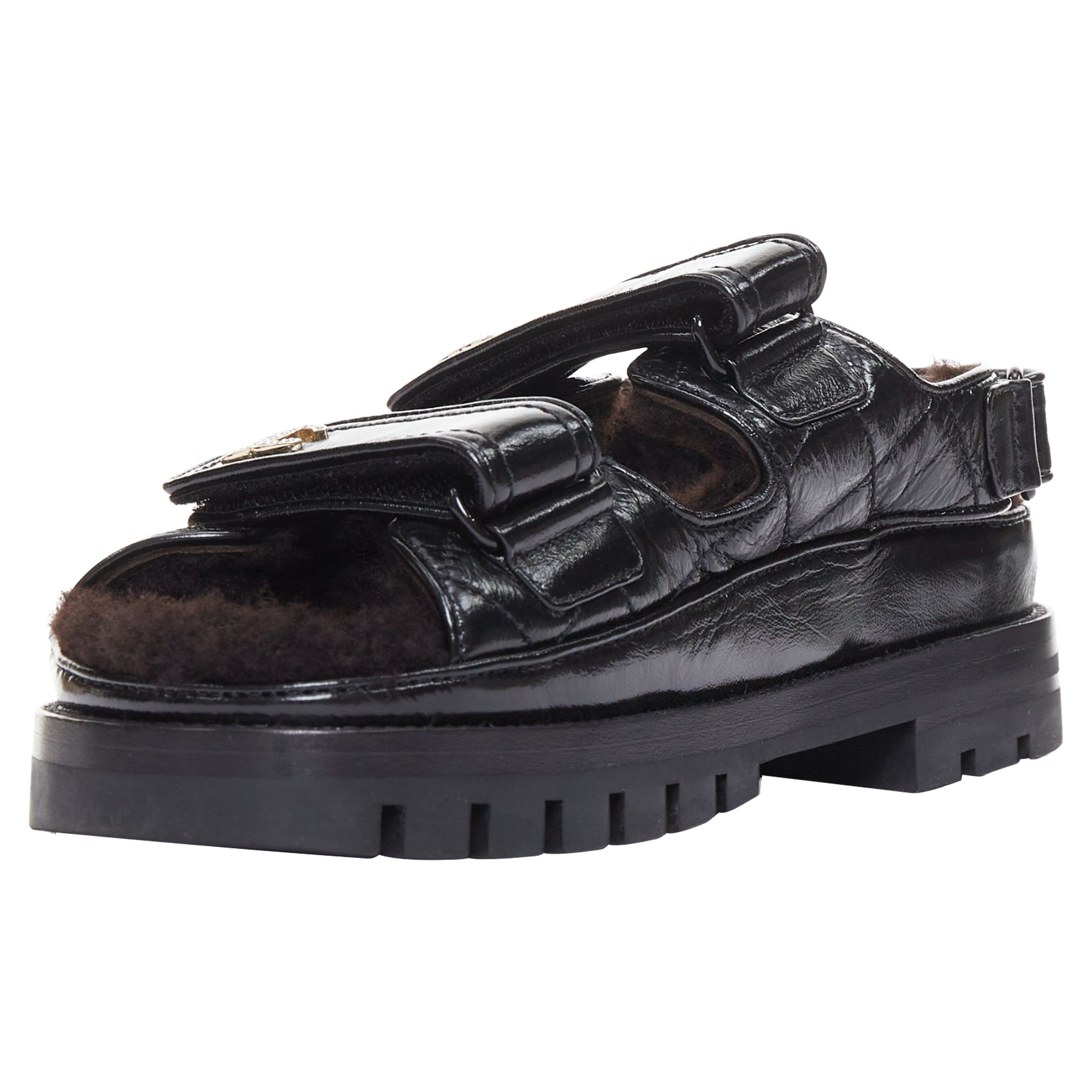 Women's Chanel Laminated Shearling Crystal CC Dad Sandals
