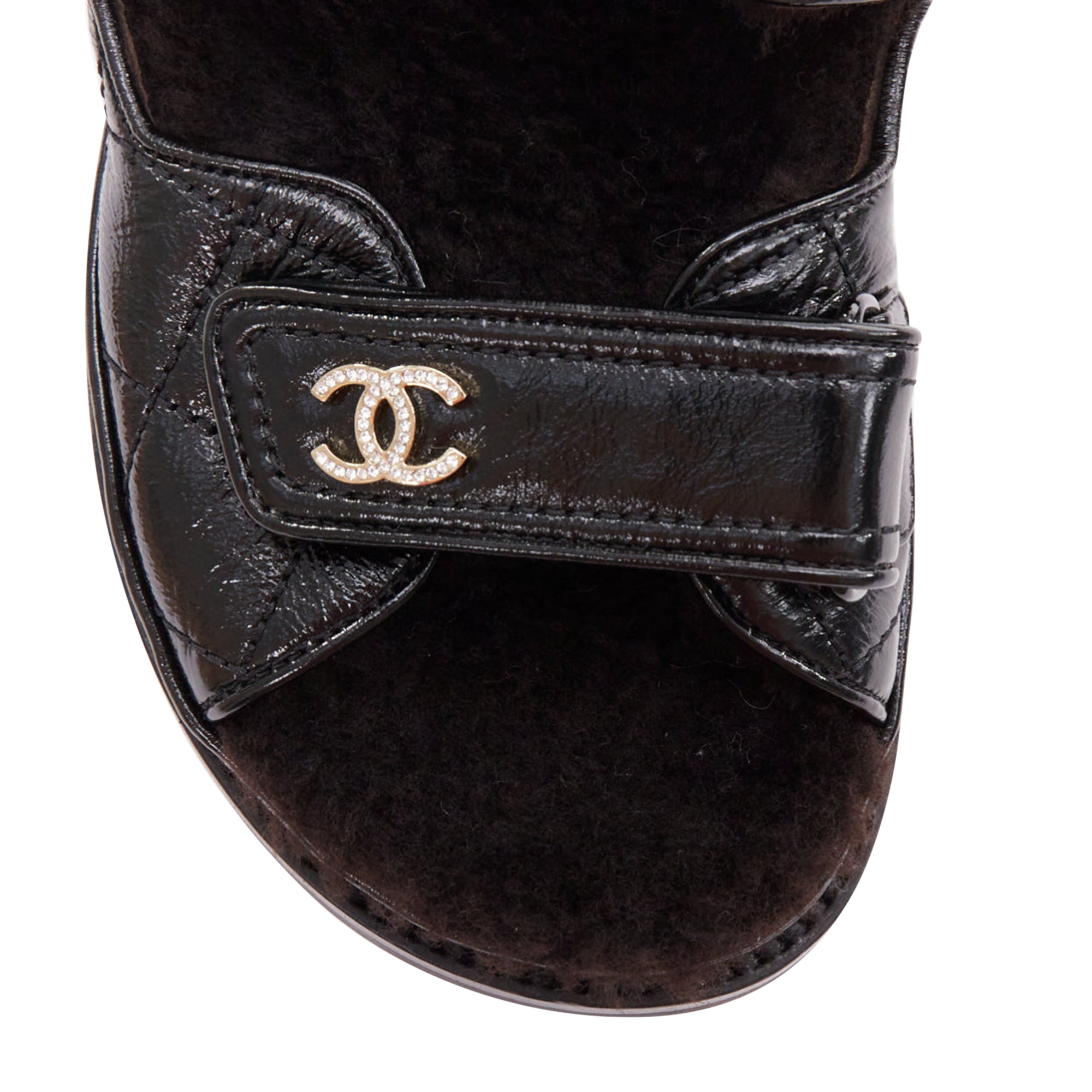 Women's Chanel Laminated Shearling Crystal CC Dad Sandals