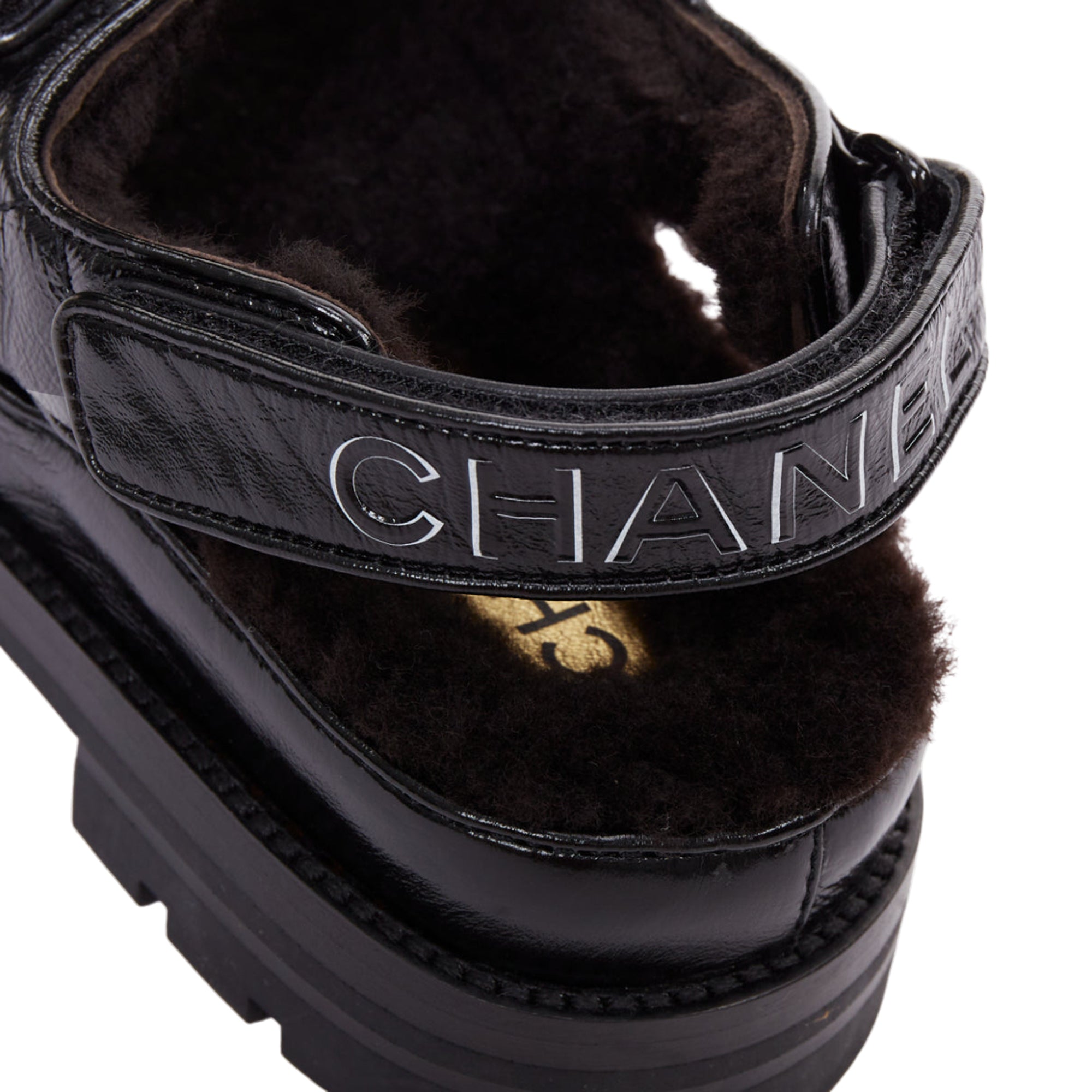 Women's Chanel Laminated Shearling Crystal CC Dad Sandals