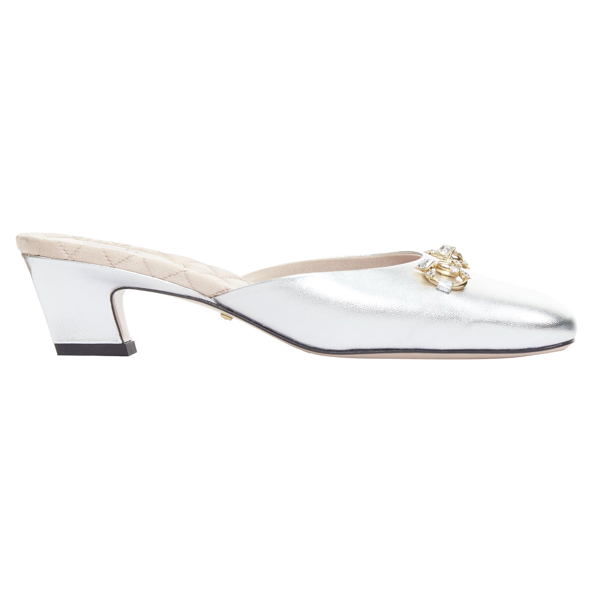 Women's Gucci Metallic Leather Crystal Slipper Heels