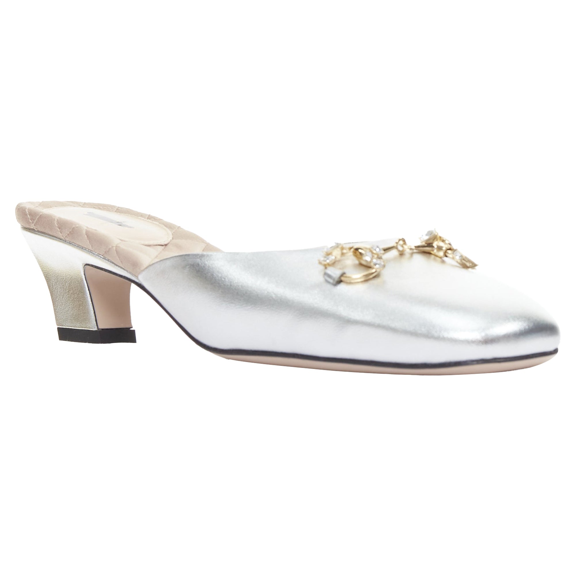 Women's Gucci Metallic Leather Crystal Slipper Heels