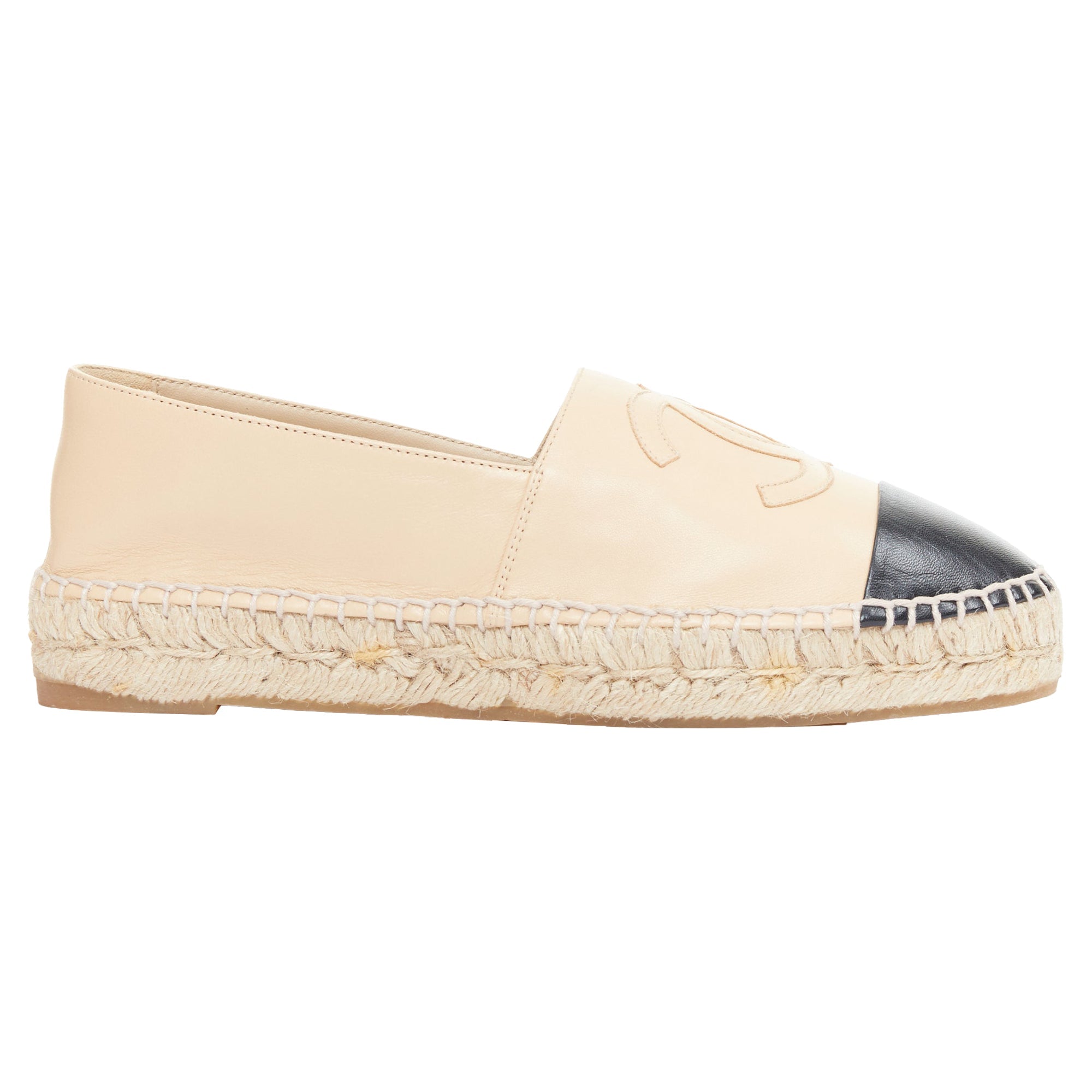 Women's CHANEL nude lamb leather CC logo black toe cap beige espadrille shoes EU38