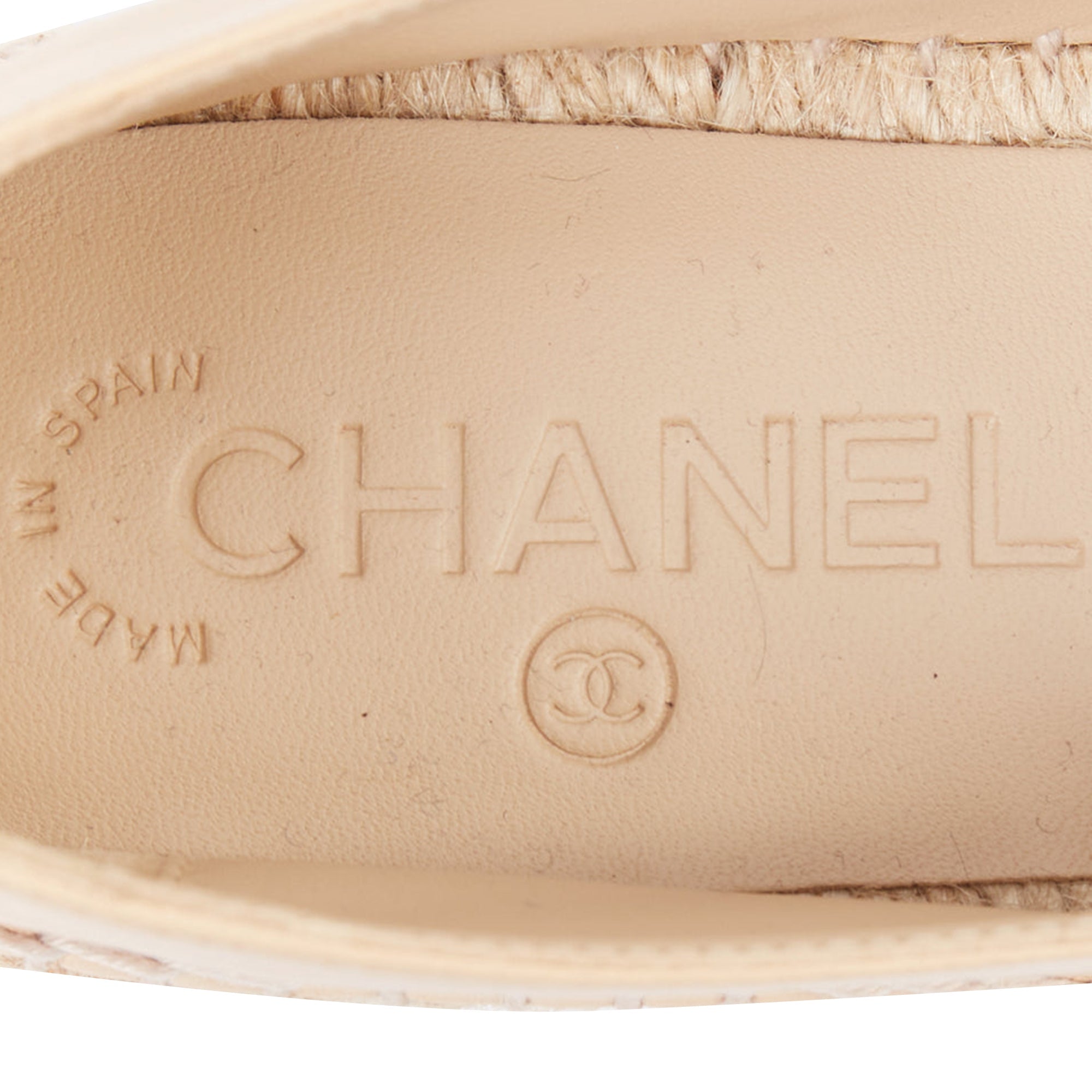 Women's CHANEL nude lamb leather CC logo black toe cap beige espadrille shoes EU38