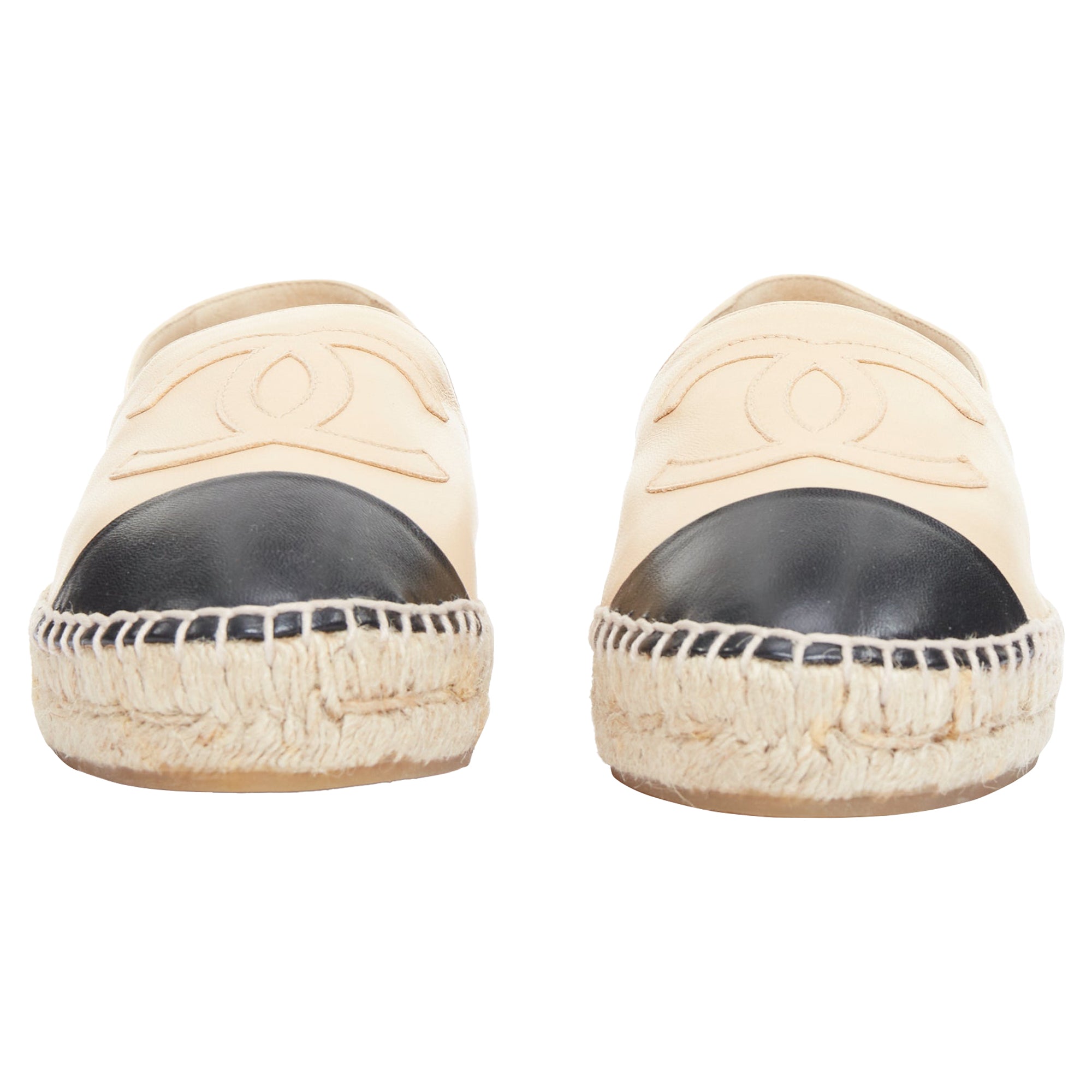 Women's CHANEL nude lamb leather CC logo black toe cap beige espadrille shoes EU38