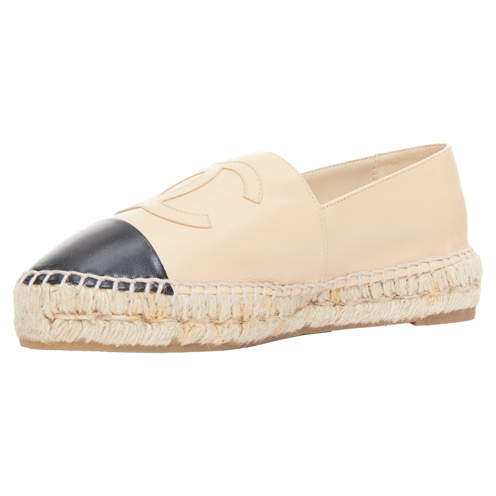 Women's CHANEL nude lamb leather CC logo black toe cap beige espadrille shoes EU38