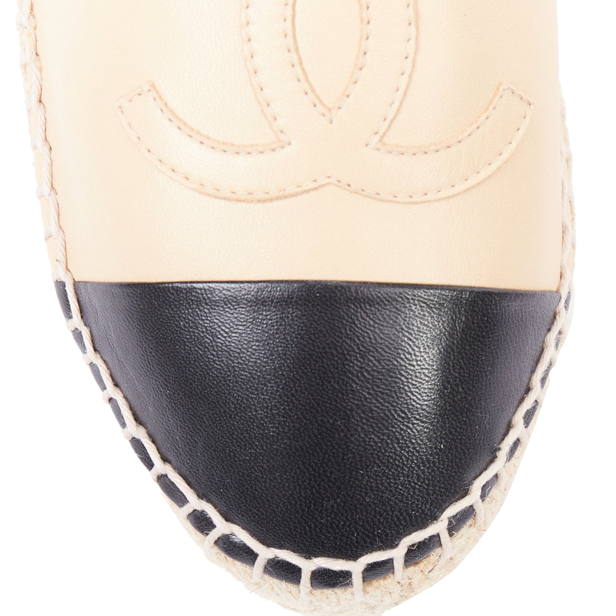 Women's CHANEL nude lamb leather CC logo black toe cap beige espadrille shoes EU38