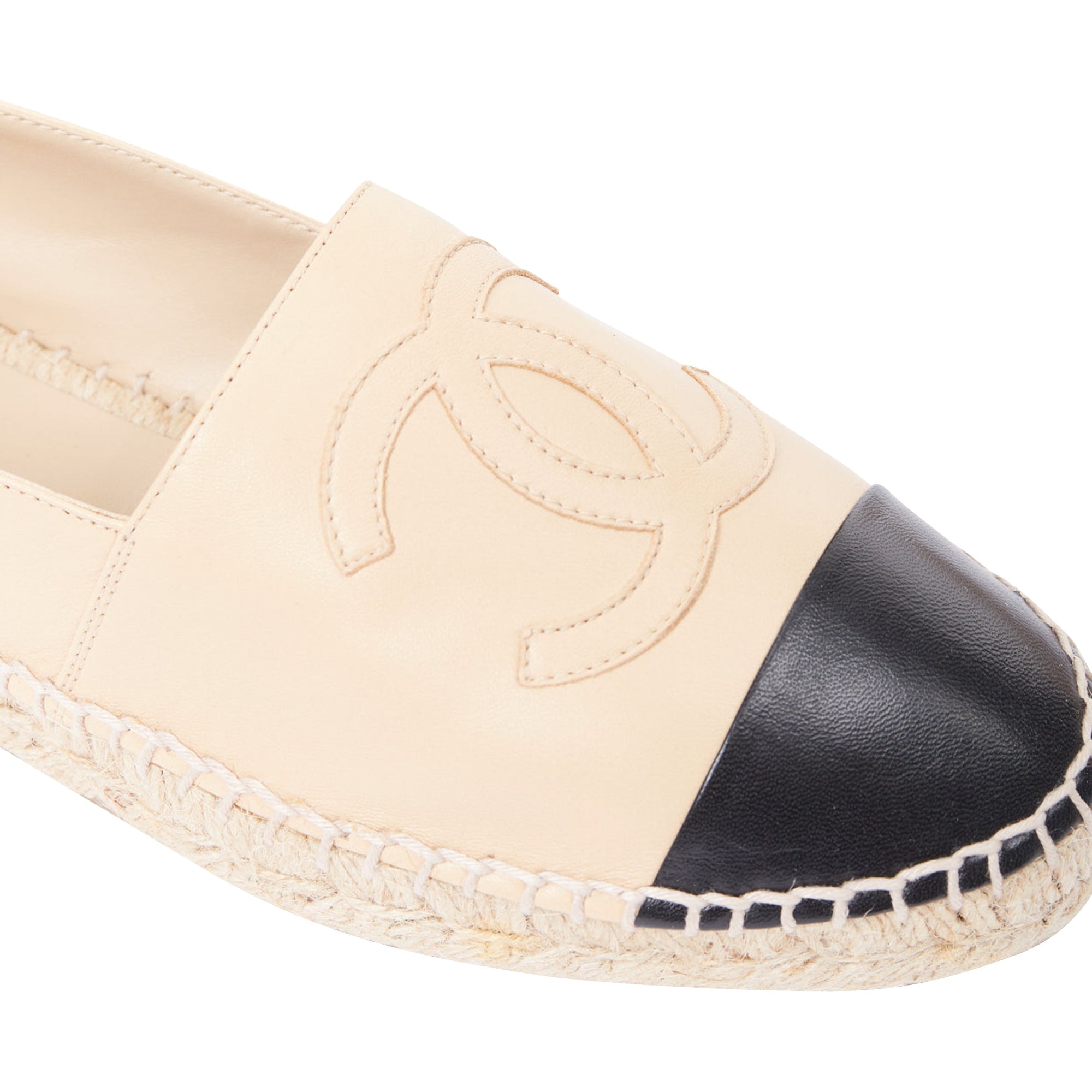 Women's CHANEL nude lamb leather CC logo black toe cap beige espadrille shoes EU38