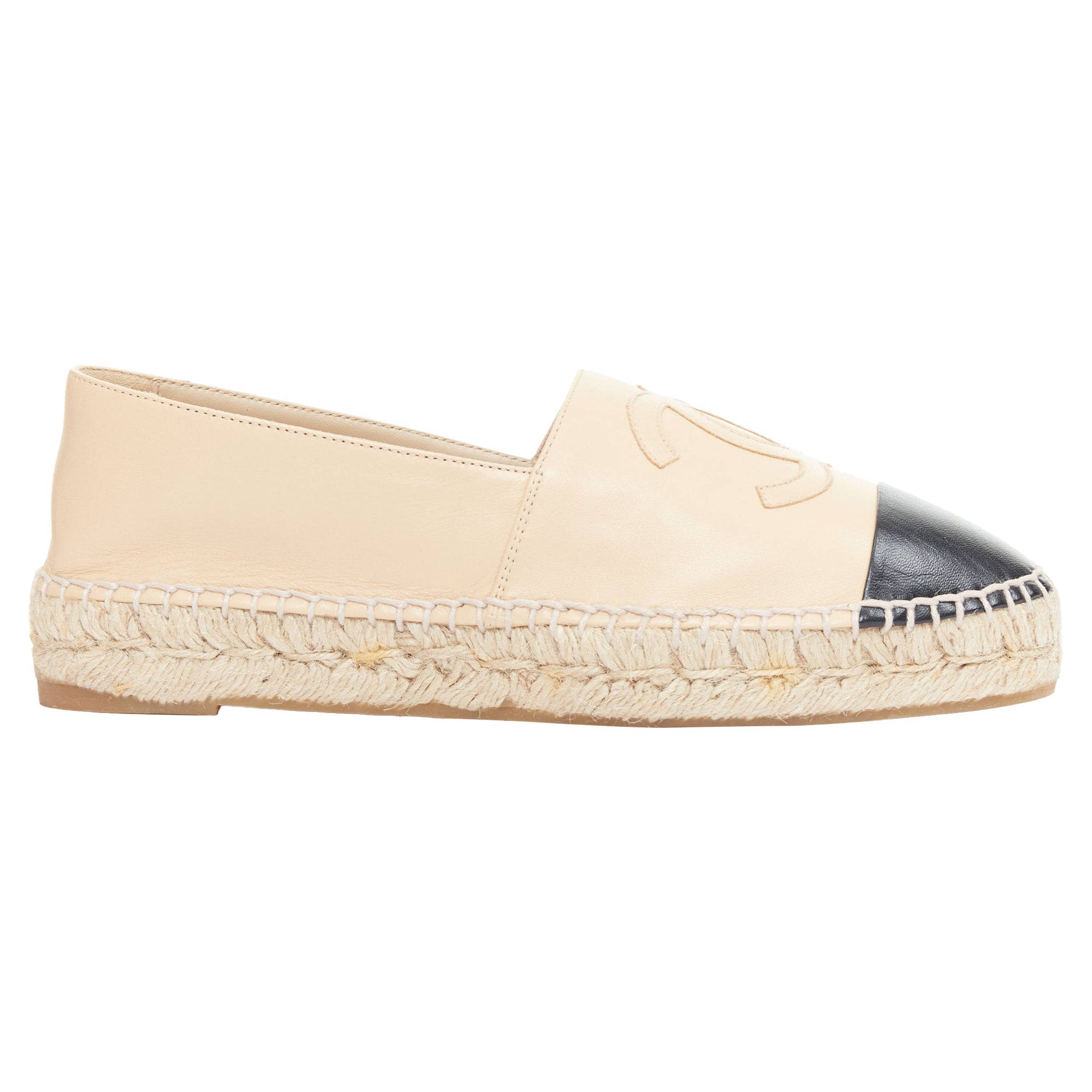 Women's CHANEL nude lamb leather CC logo black toe cap espadrille shoes EU37