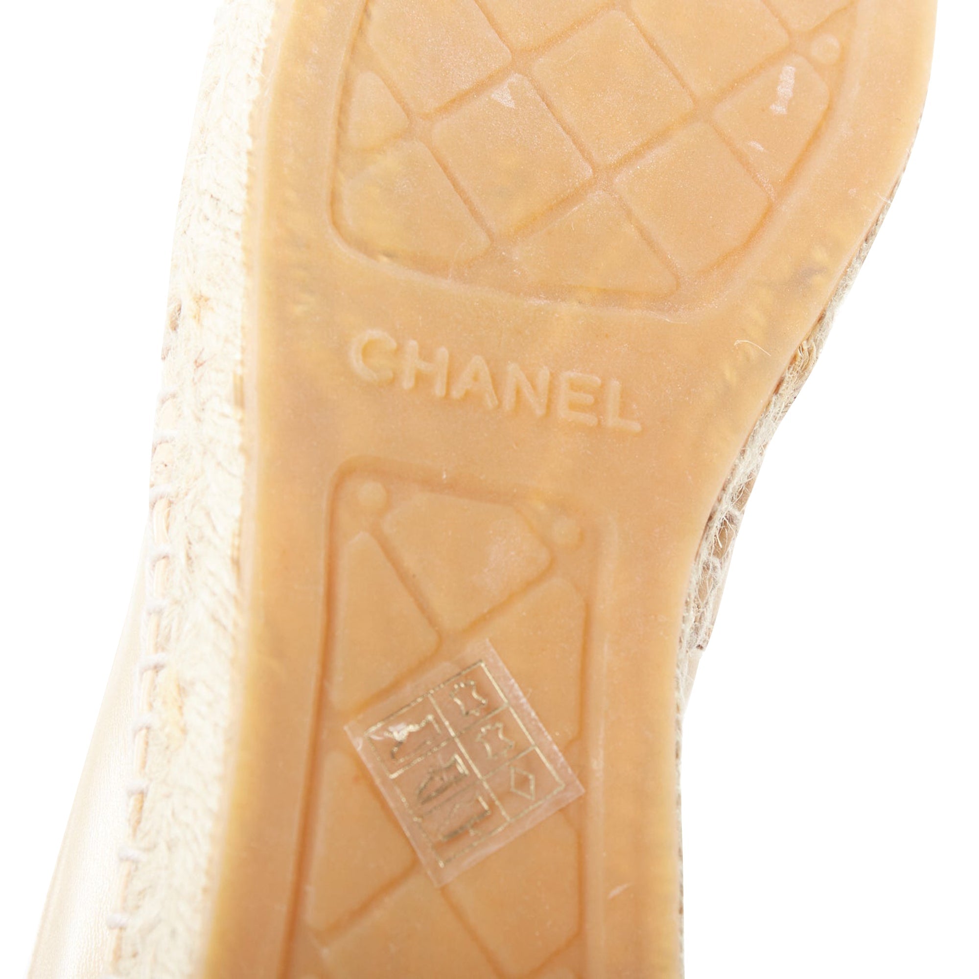 Women's CHANEL nude lamb leather CC logo black toe cap espadrille shoes EU37