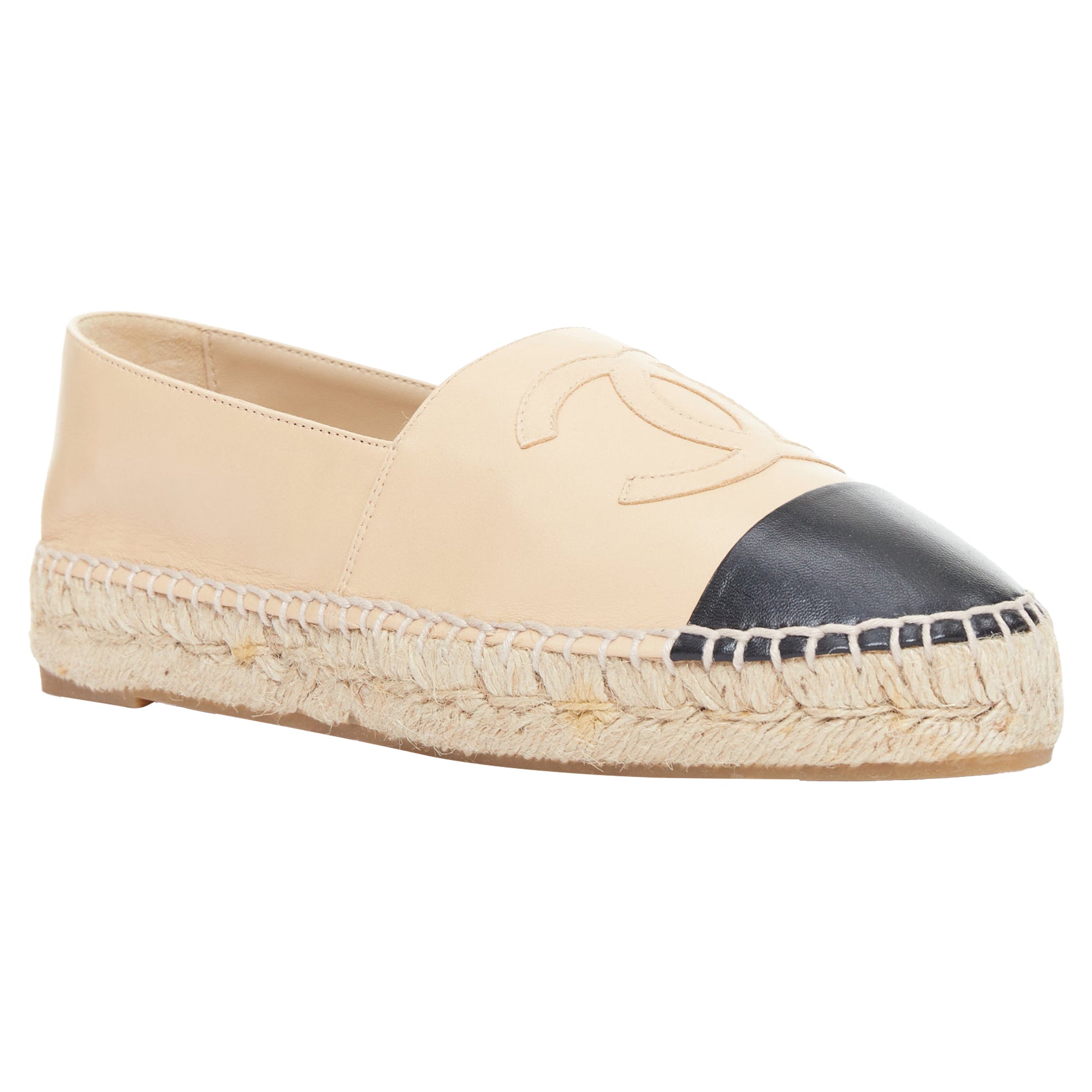 Women's CHANEL nude lamb leather CC logo black toe cap espadrille shoes EU37