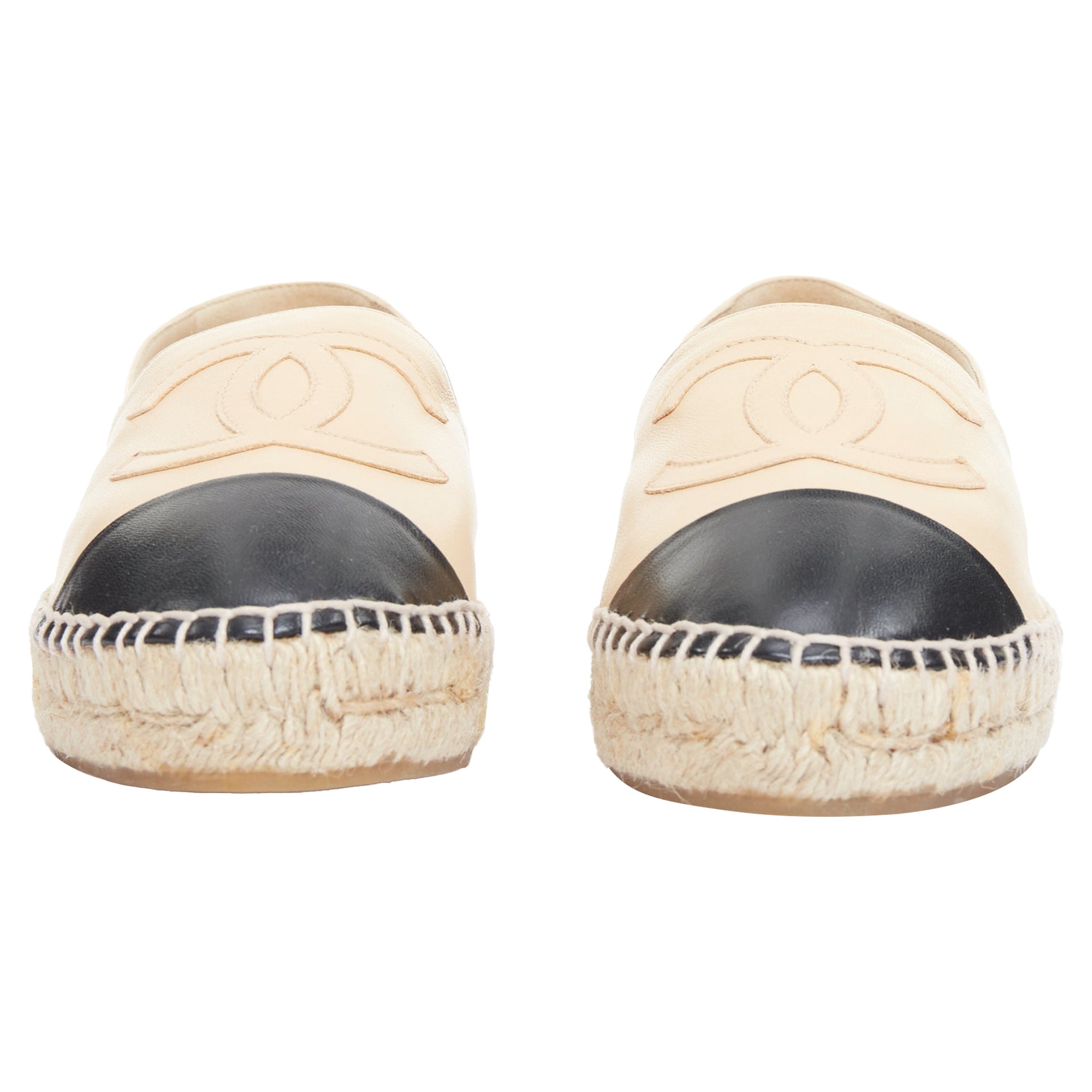 Women's CHANEL nude lamb leather CC logo black toe cap espadrille shoes EU37