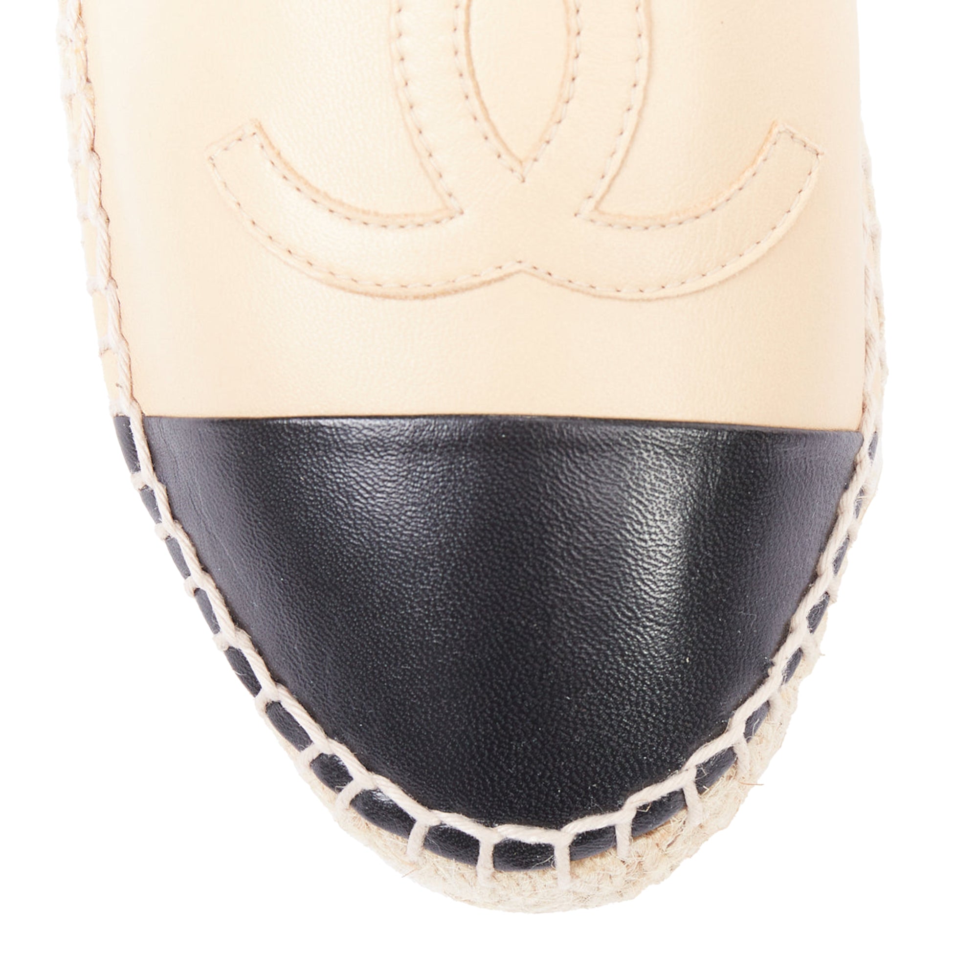 Women's CHANEL nude lamb leather CC logo black toe cap espadrille shoes EU37