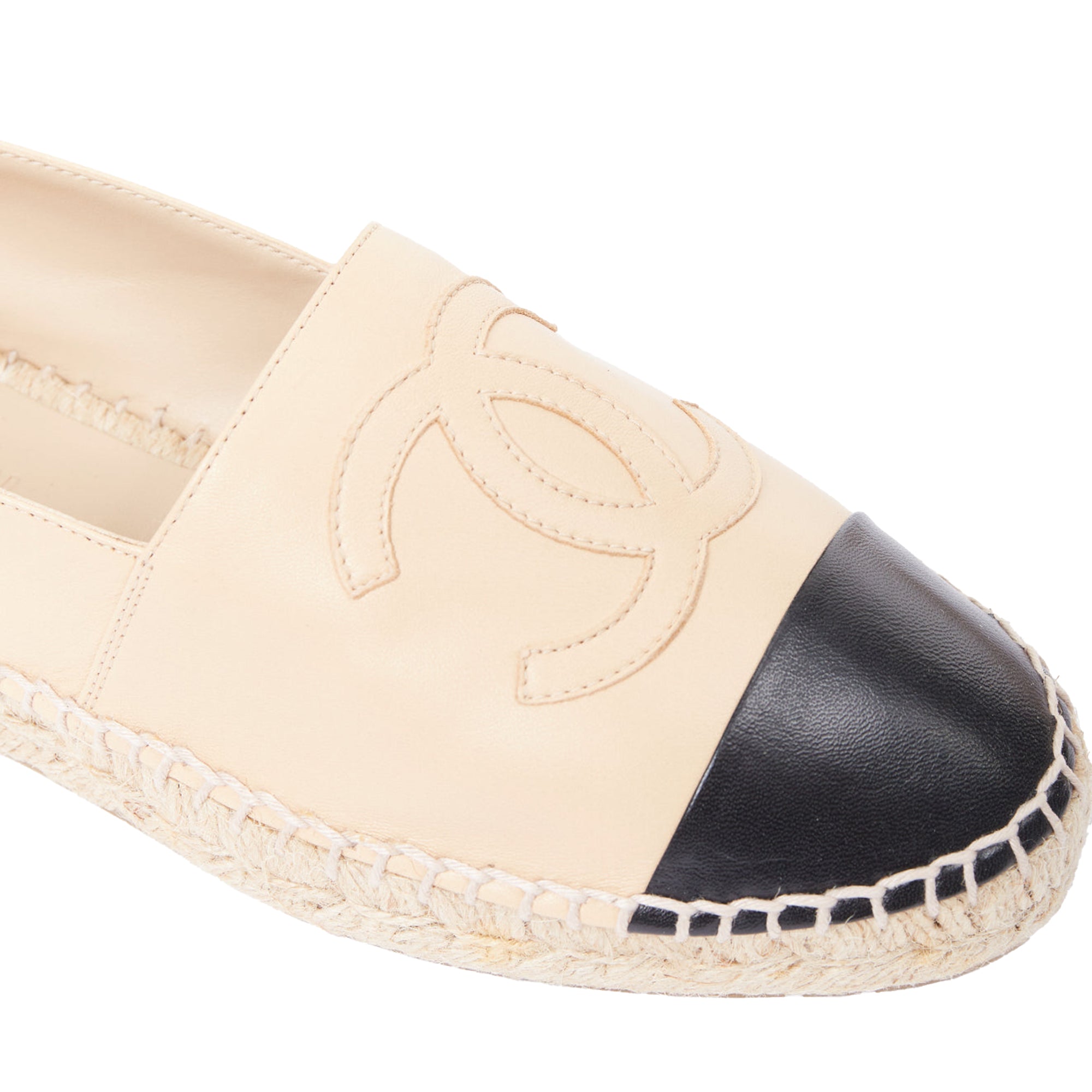 Women's CHANEL nude lamb leather CC logo black toe cap espadrille shoes EU37