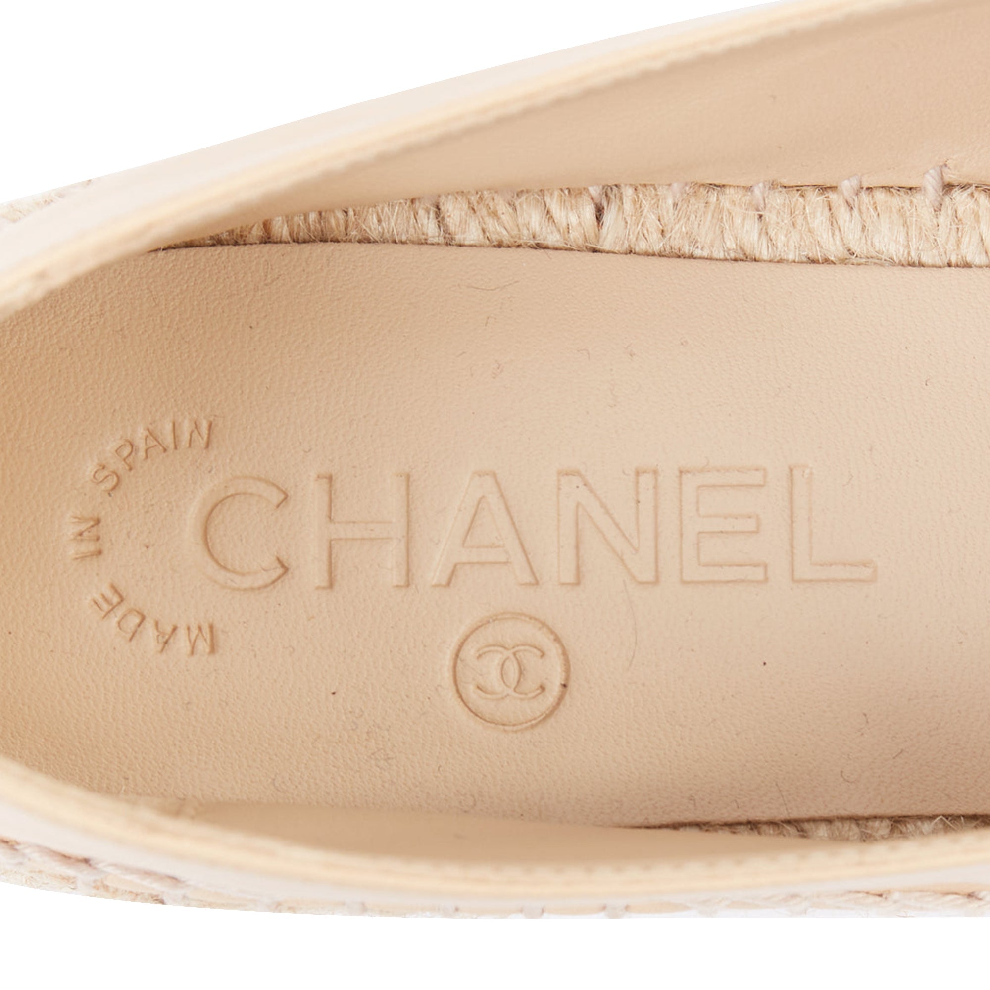 Women's CHANEL nude lamb leather CC logo black toe cap espadrille shoes EU37