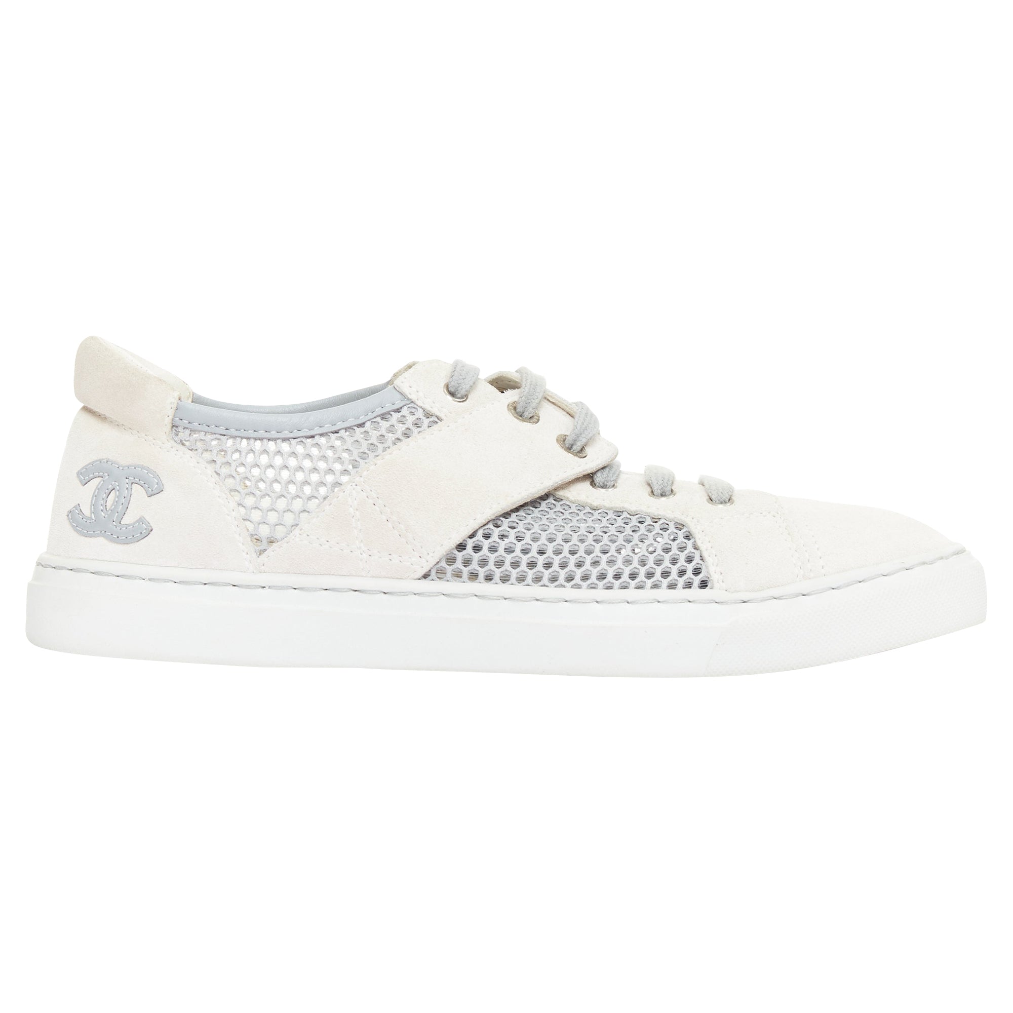 Women's CHANEL 2015 grey mesh CC logo cream suede panelled sneakers EU36.5