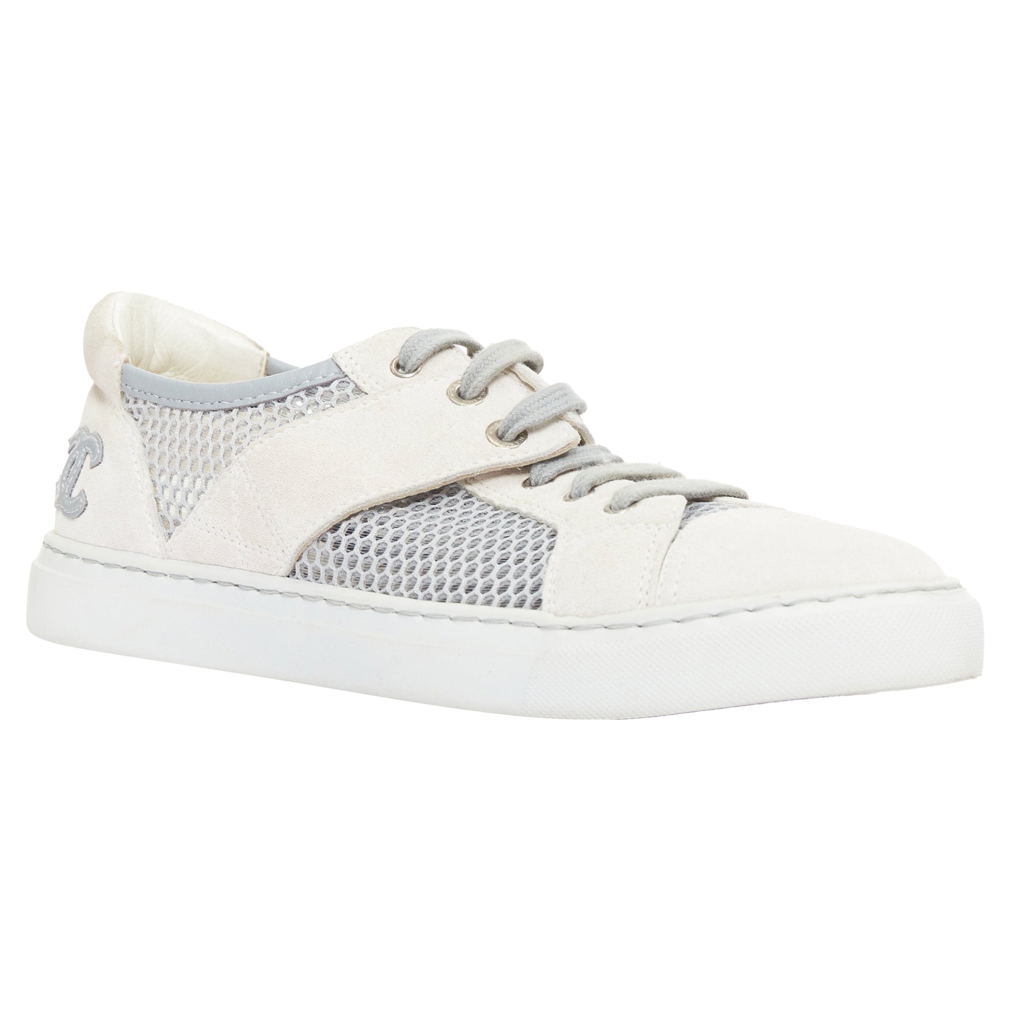 Women's CHANEL 2015 grey mesh CC logo cream suede panelled sneakers EU36.5