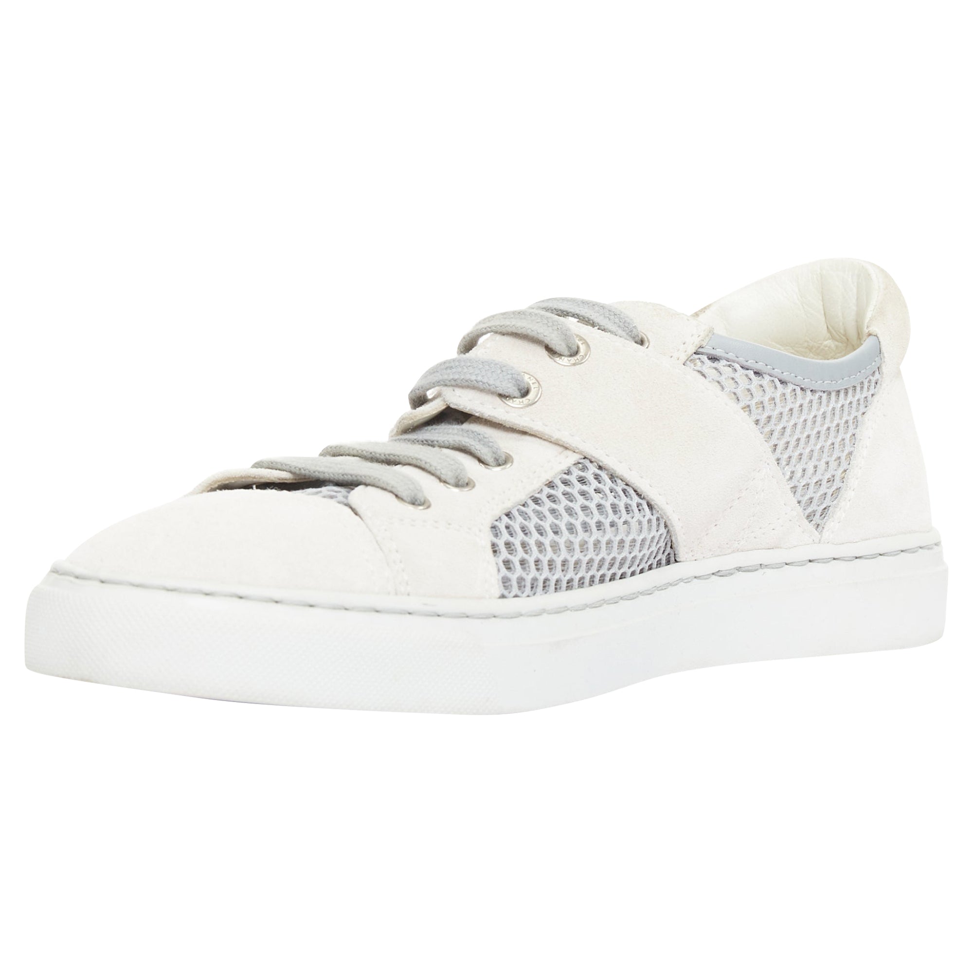 Women's CHANEL 2015 grey mesh CC logo cream suede panelled sneakers EU36.5