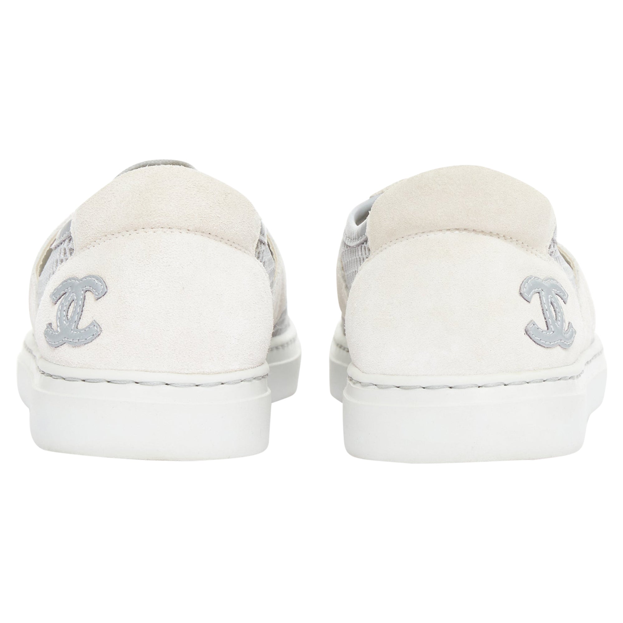 Women's CHANEL 2015 grey mesh CC logo cream suede panelled sneakers EU36.5