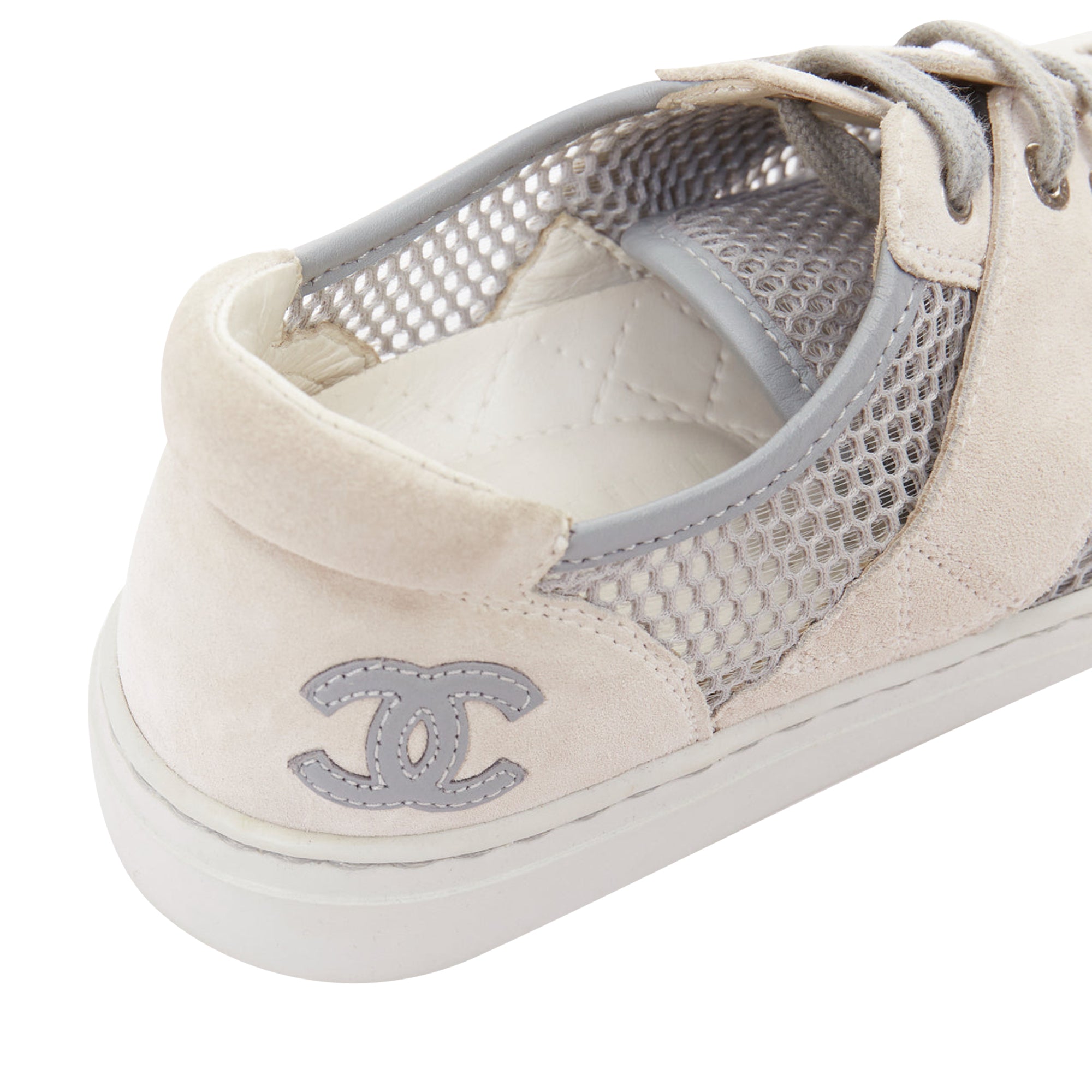 Women's CHANEL 2015 grey mesh CC logo cream suede panelled sneakers EU36.5
