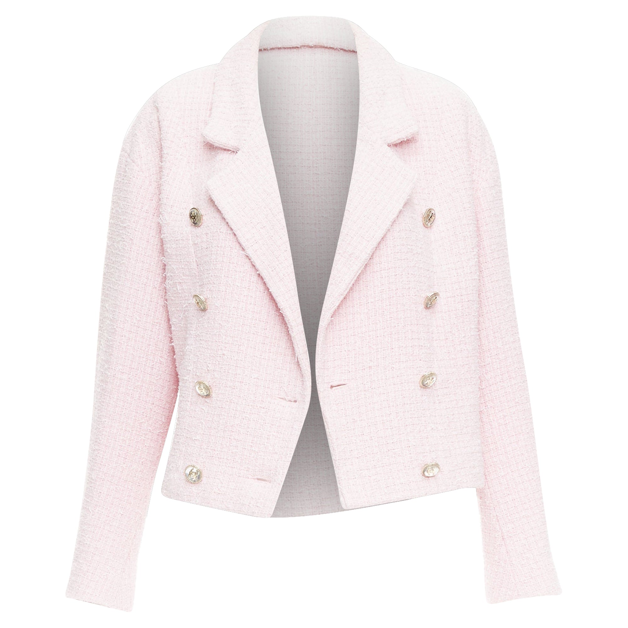 Women's CHANEL 21P pink cotton tweed CC button double breasted cropped jacket FR38 M