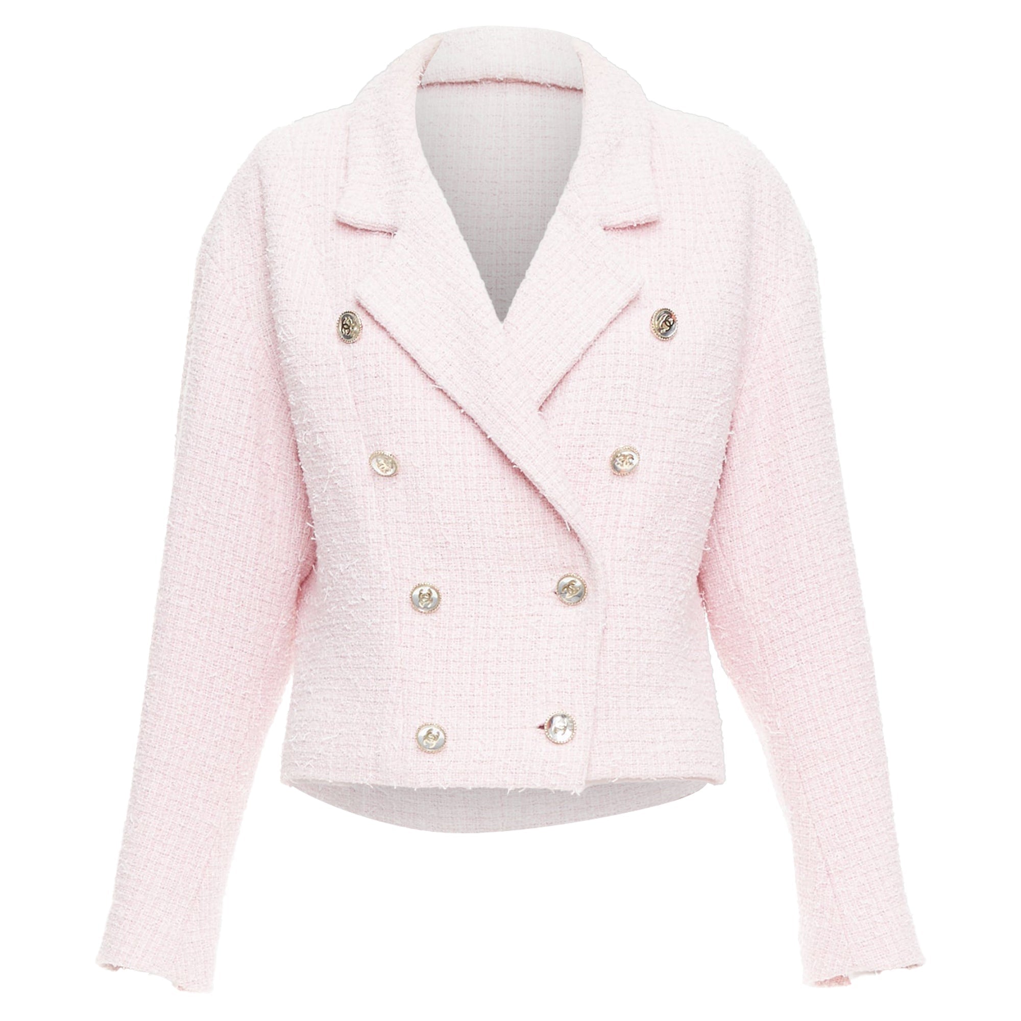 Women's CHANEL 21P pink cotton tweed CC button double breasted cropped jacket FR38 M
