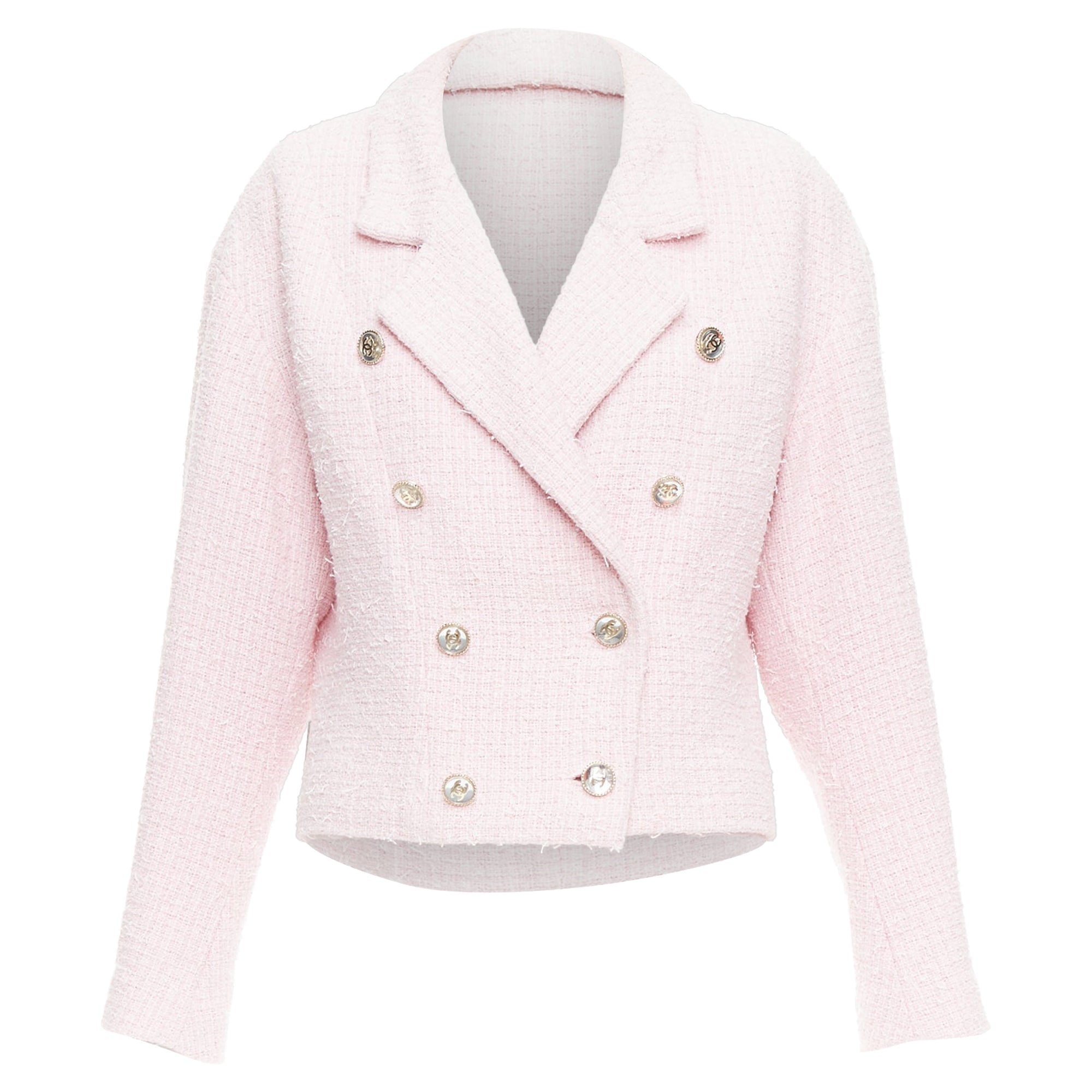 Women's CHANEL 21P pink cotton tweed CC button double breasted cropped jacket FR38 M