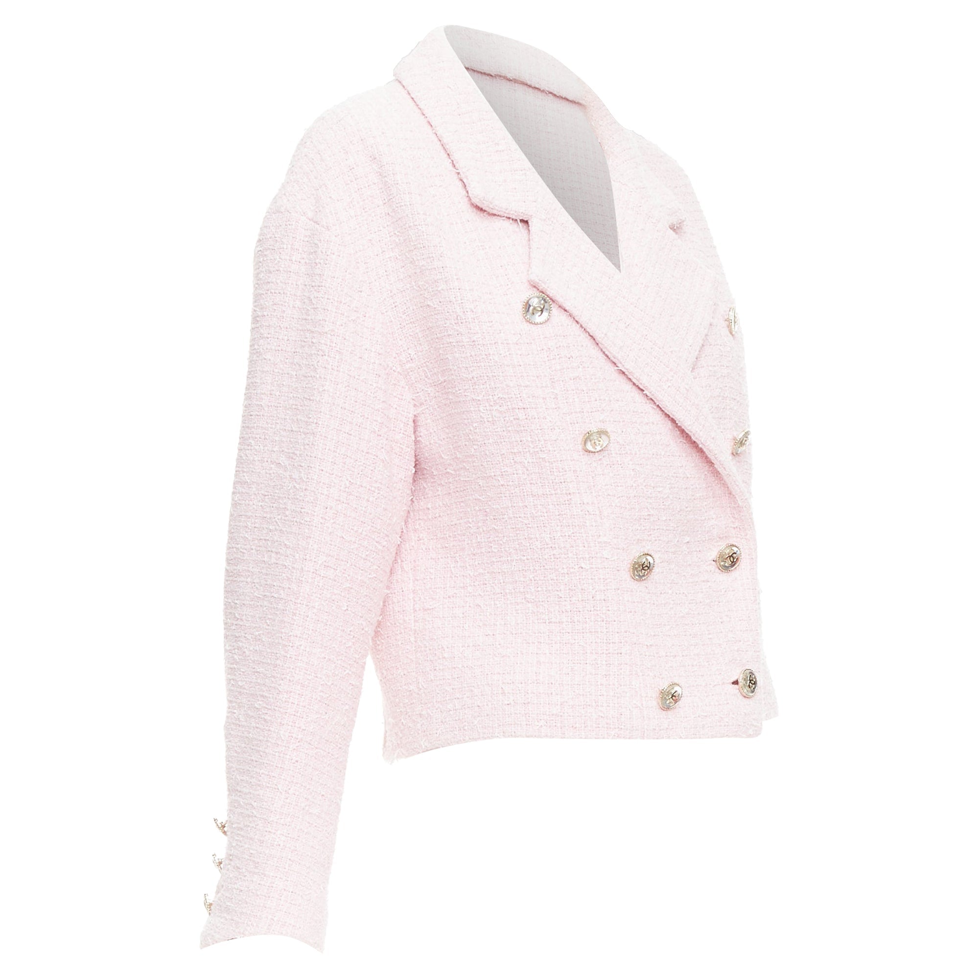 Women's CHANEL 21P pink cotton tweed CC button double breasted cropped jacket FR38 M