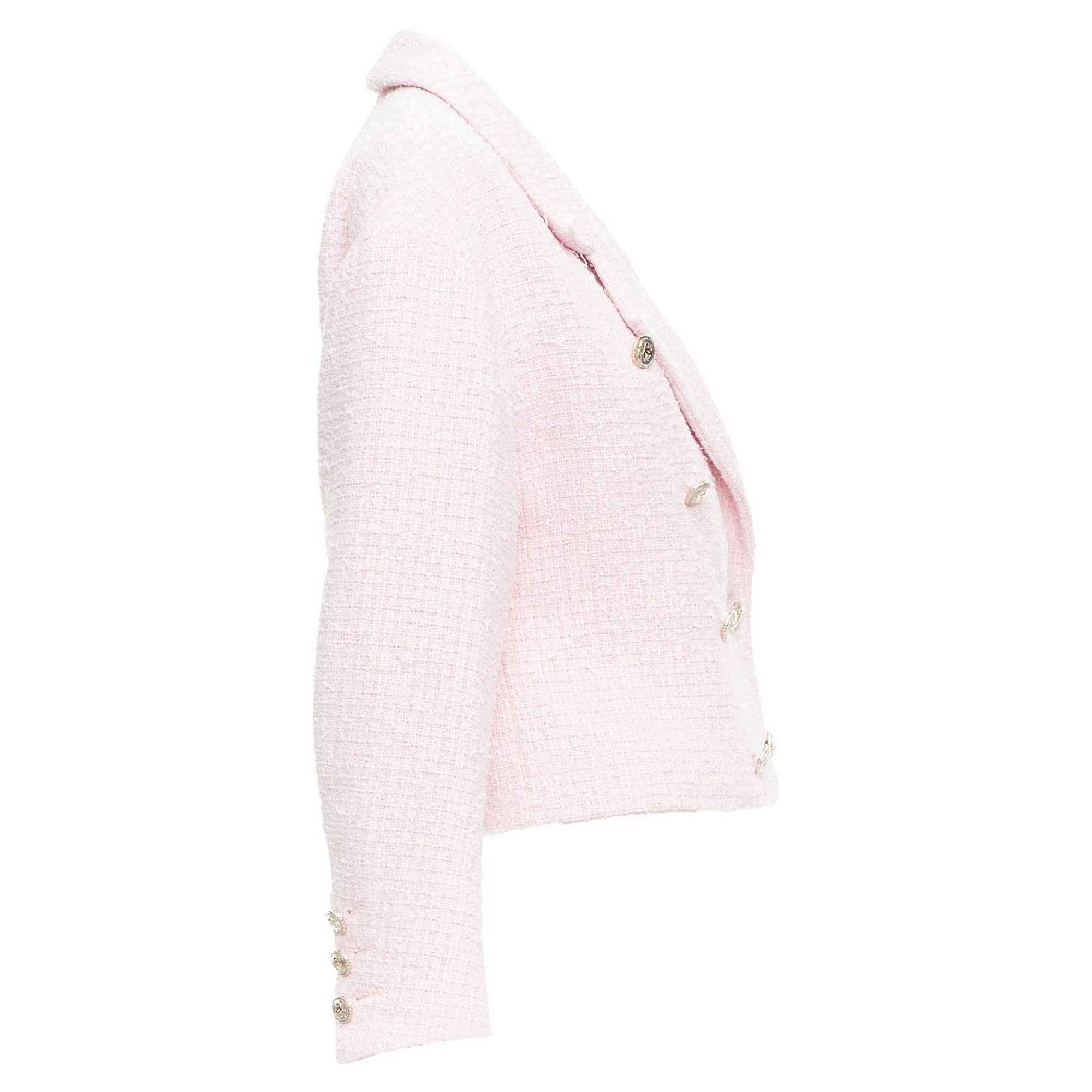 Women's CHANEL 21P pink cotton tweed CC button double breasted cropped jacket FR38 M
