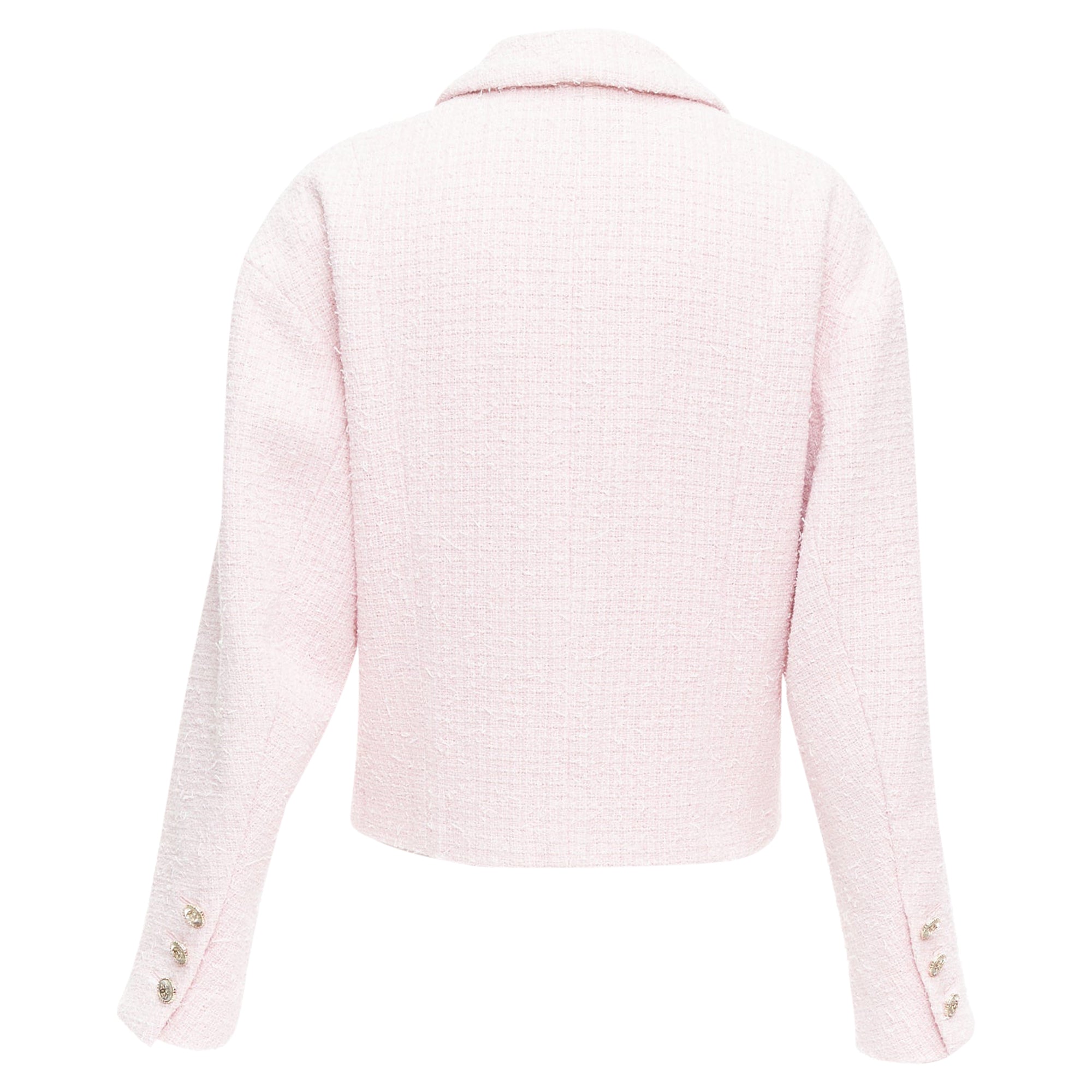 Women's CHANEL 21P pink cotton tweed CC button double breasted cropped jacket FR38 M