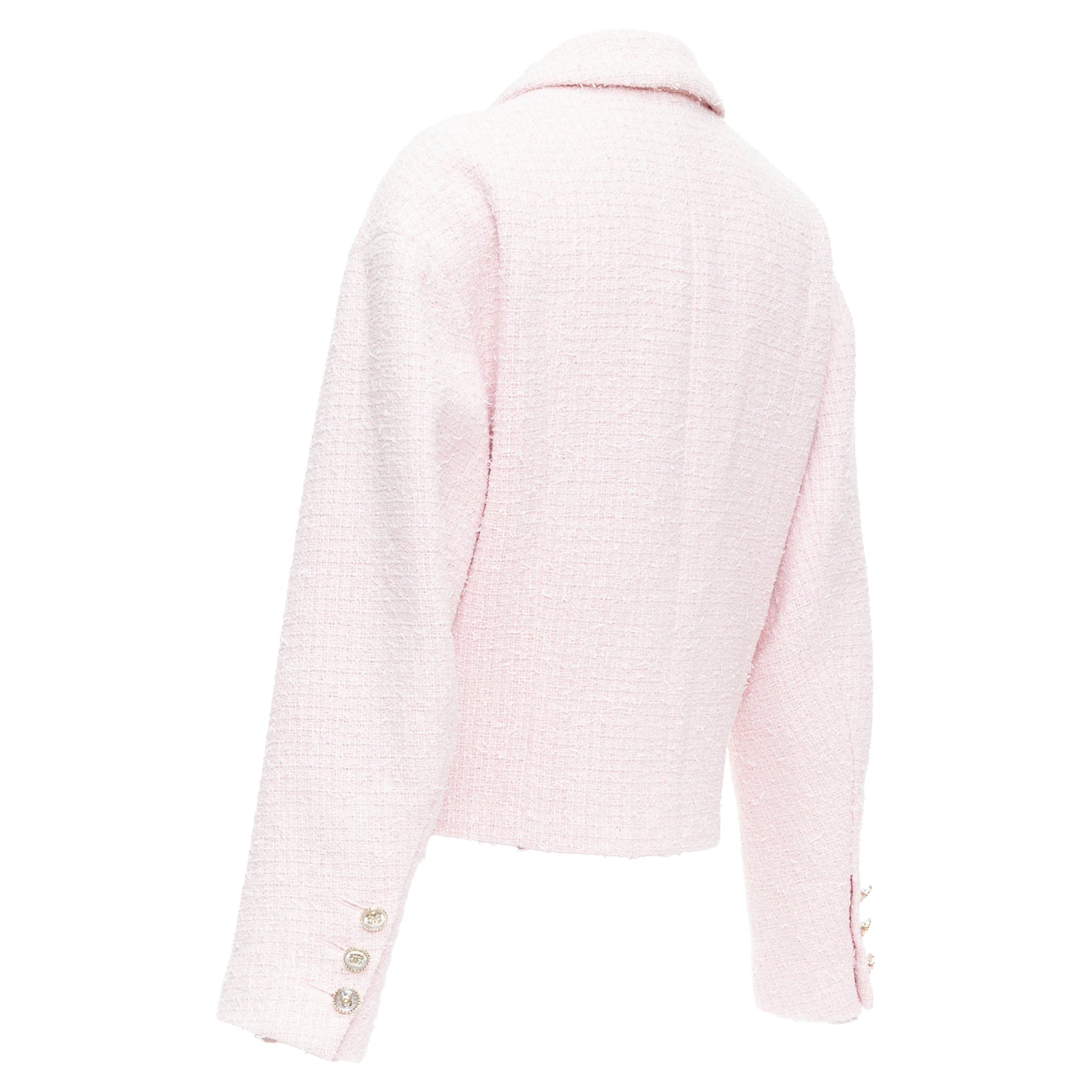 Women's CHANEL 21P pink cotton tweed CC button double breasted cropped jacket FR38 M