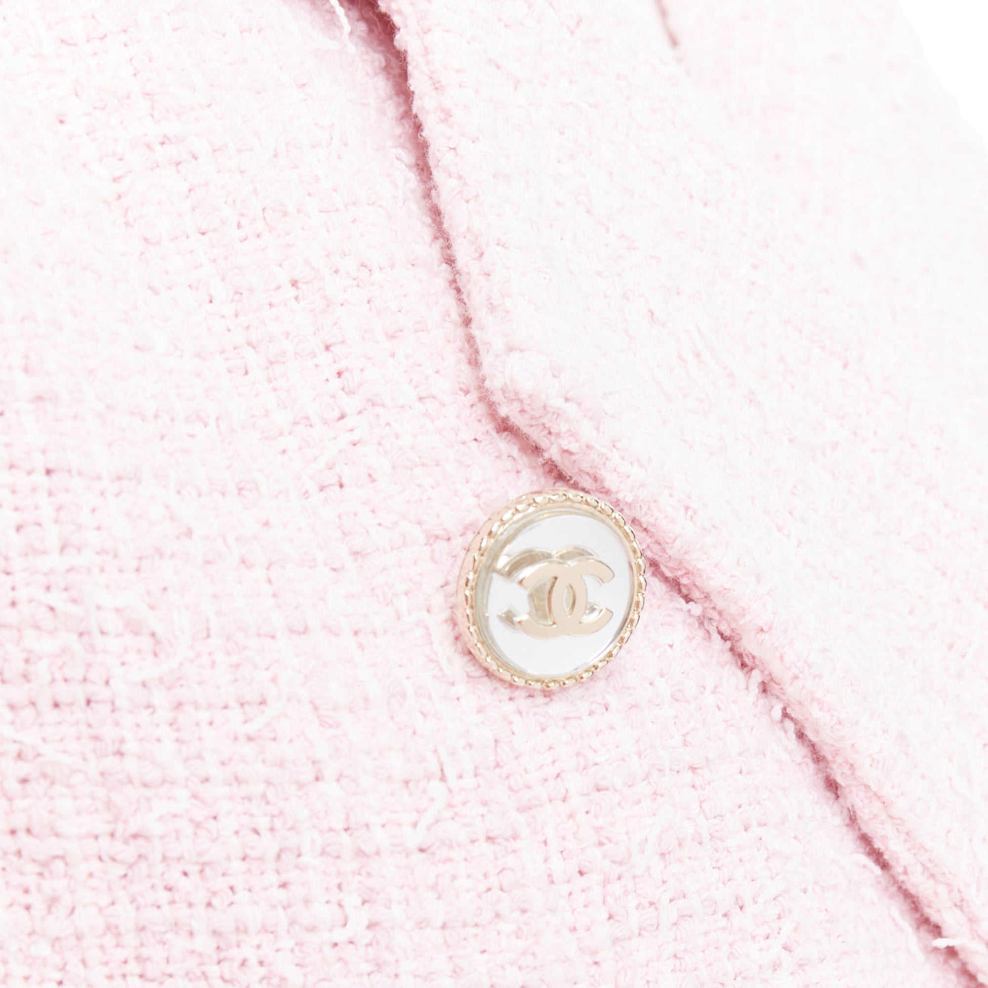 Women's CHANEL 21P pink cotton tweed CC button double breasted cropped jacket FR38 M